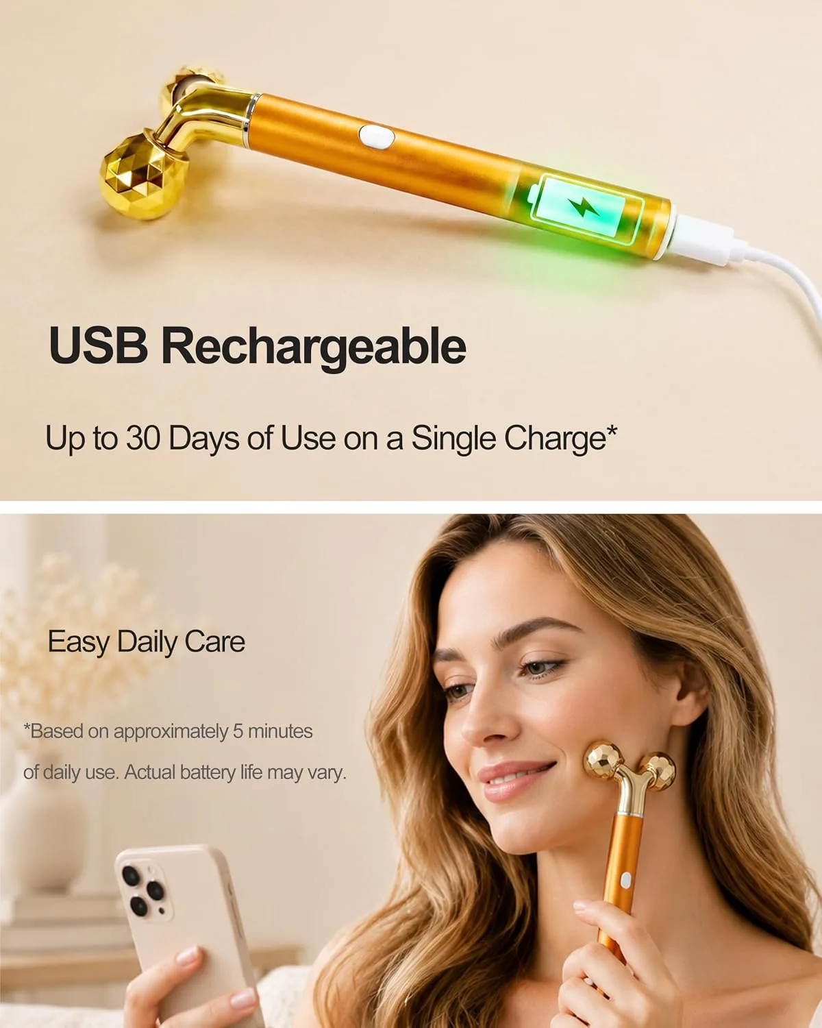 Rechargeable Face Massager Roller, Golden Vibrating T Bar Facial Massager & 3D Face Roller for Lymphatic Drainage, Face Depuffer for Jawline, Puffy Face & Skincare Routine