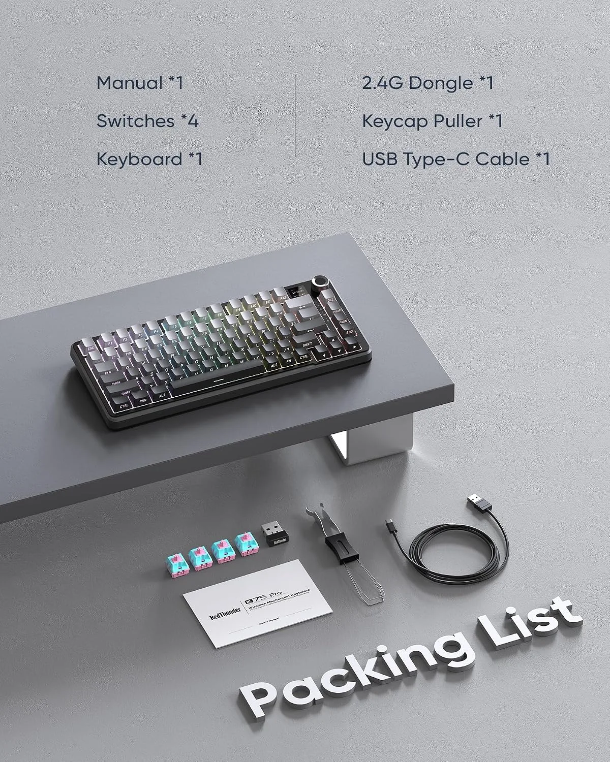 RedThunder K75 Pro Wireless Mechanical Gaming Keyboard, TFT Screen & Knob, 75% Tri-Mode, Pre-Lubed Switches, RGB Backlit, Side Printed PBT Keycaps, Creamy Sound Gasket Computer Keyboard, Gradient Gray