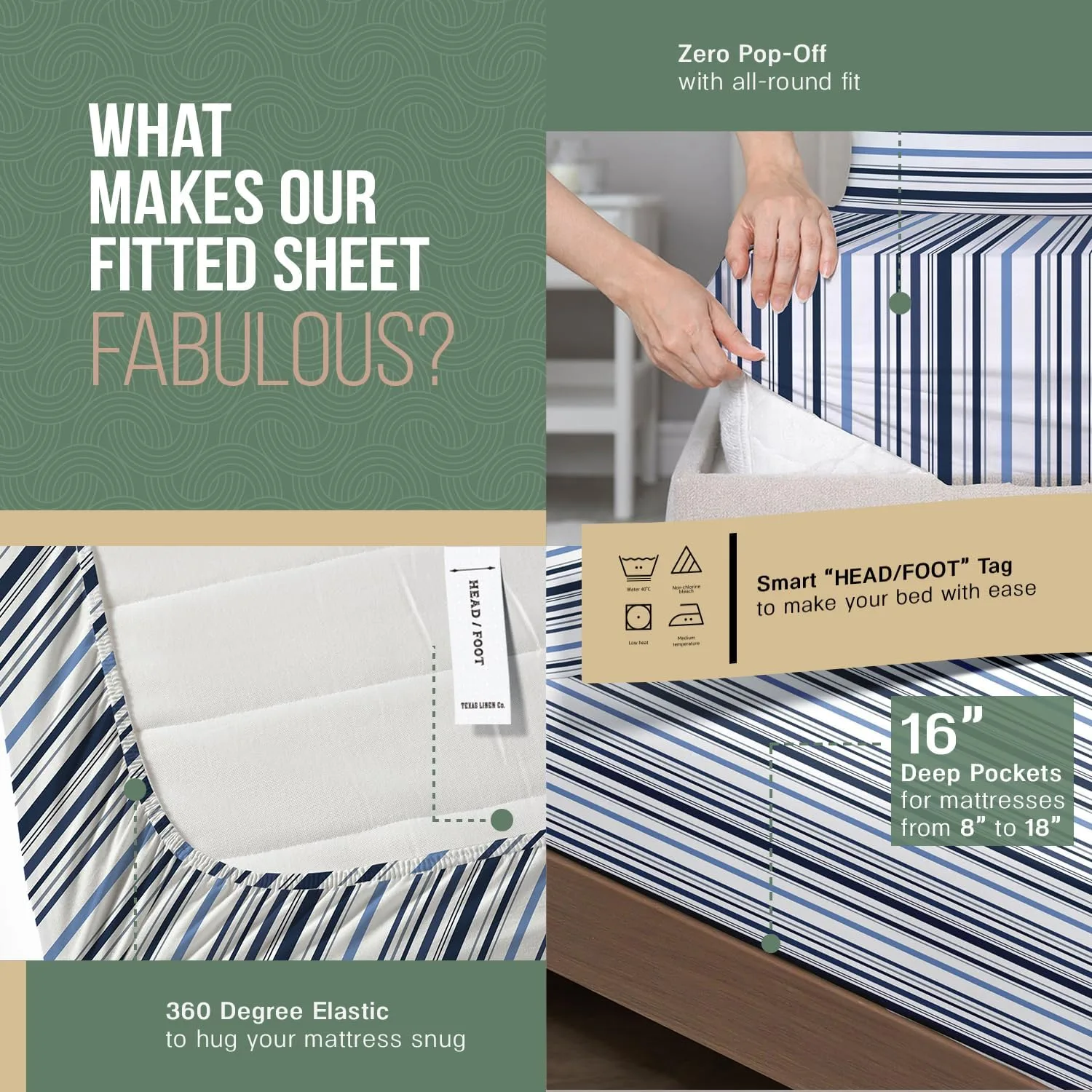 TEXAS LINEN CO. 100% Organic Cotton Percale Sheets King Size - 4 PC Organic Cotton King Size Percale Printed Sheet Sets, Soft, Crisp, Cooling Sheets, 16" Deep Pocket Hotel Bed Set - Variegated Stripe