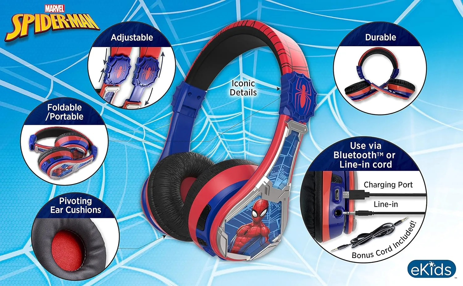 eKids Spiderman Wireless Bluetooth Portable Headphones with Microphone, Volume Reduced to Protect Hearing Rechargeable Battery, Adjustable Kids Headband for School Home or Travel