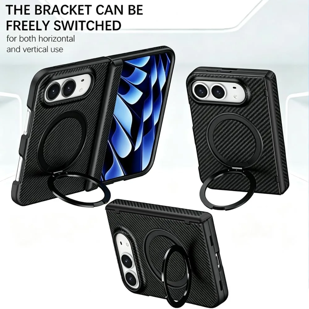 for iPhone Duo Case with Stand Compatible with MagSafe, Built-in Screen Protector & Kickstand & Hinge Protection, Carbon Fiber Texture Leather Shockproof Slim Phone Cover Black