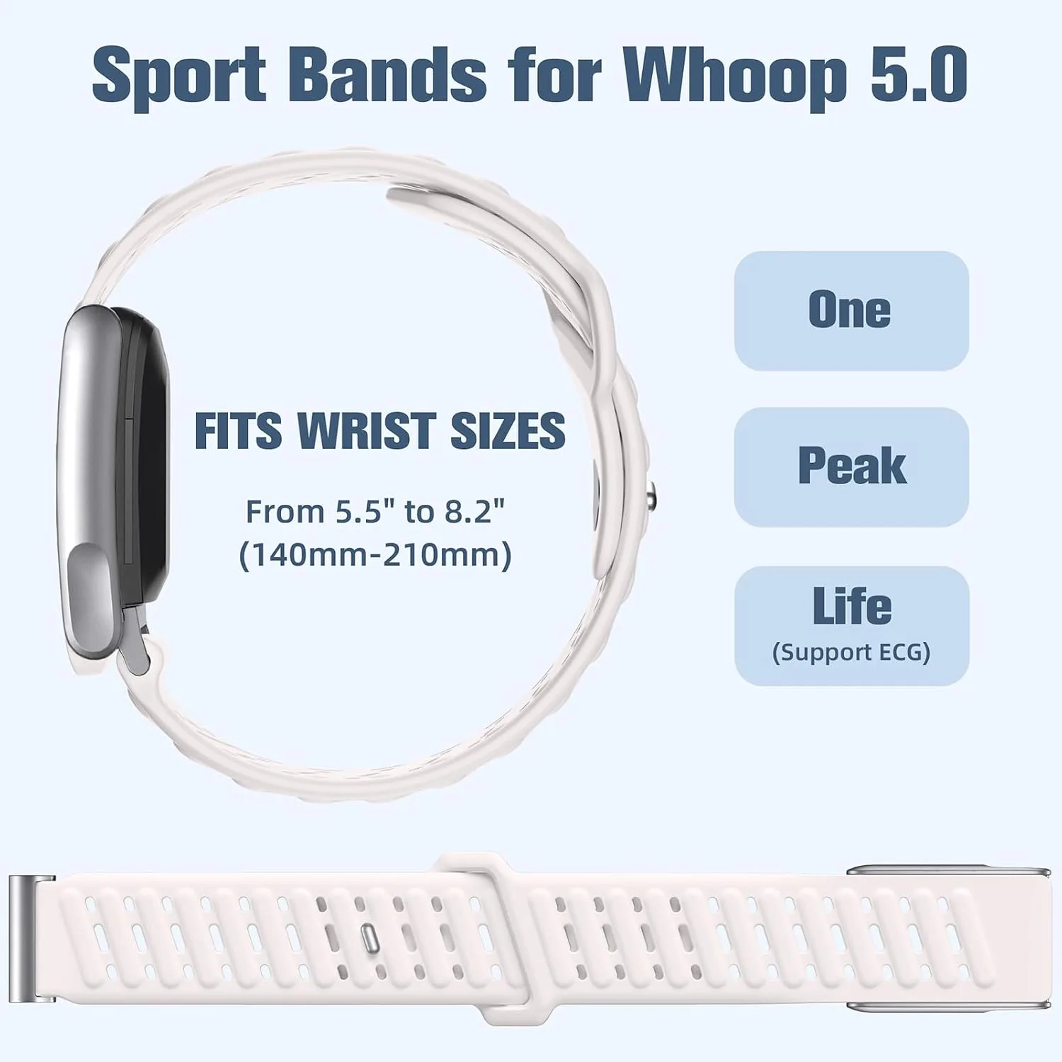 Getino Sport Bands Compatible with Whoop 5.0 Band One, Peak, MG Life, Waterproof Adjustable Soft Silicone Replacement Accessories Strap for Whoop Band 5.0 Women Men, Breathable Starlight