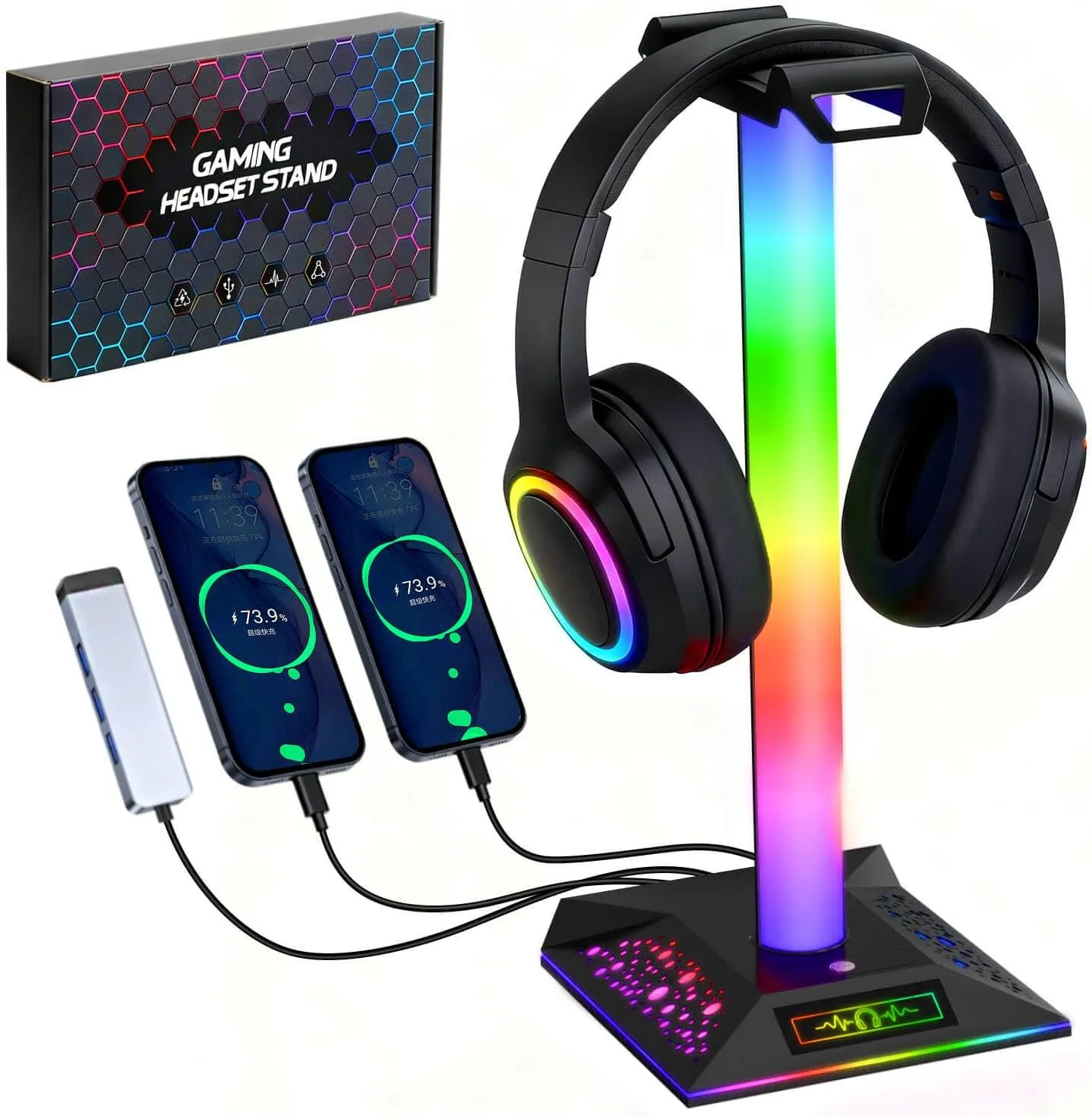 Soporte para audífonos gamer Lanvia RGB con 3 puertos de carga y 10 modos de iluminación