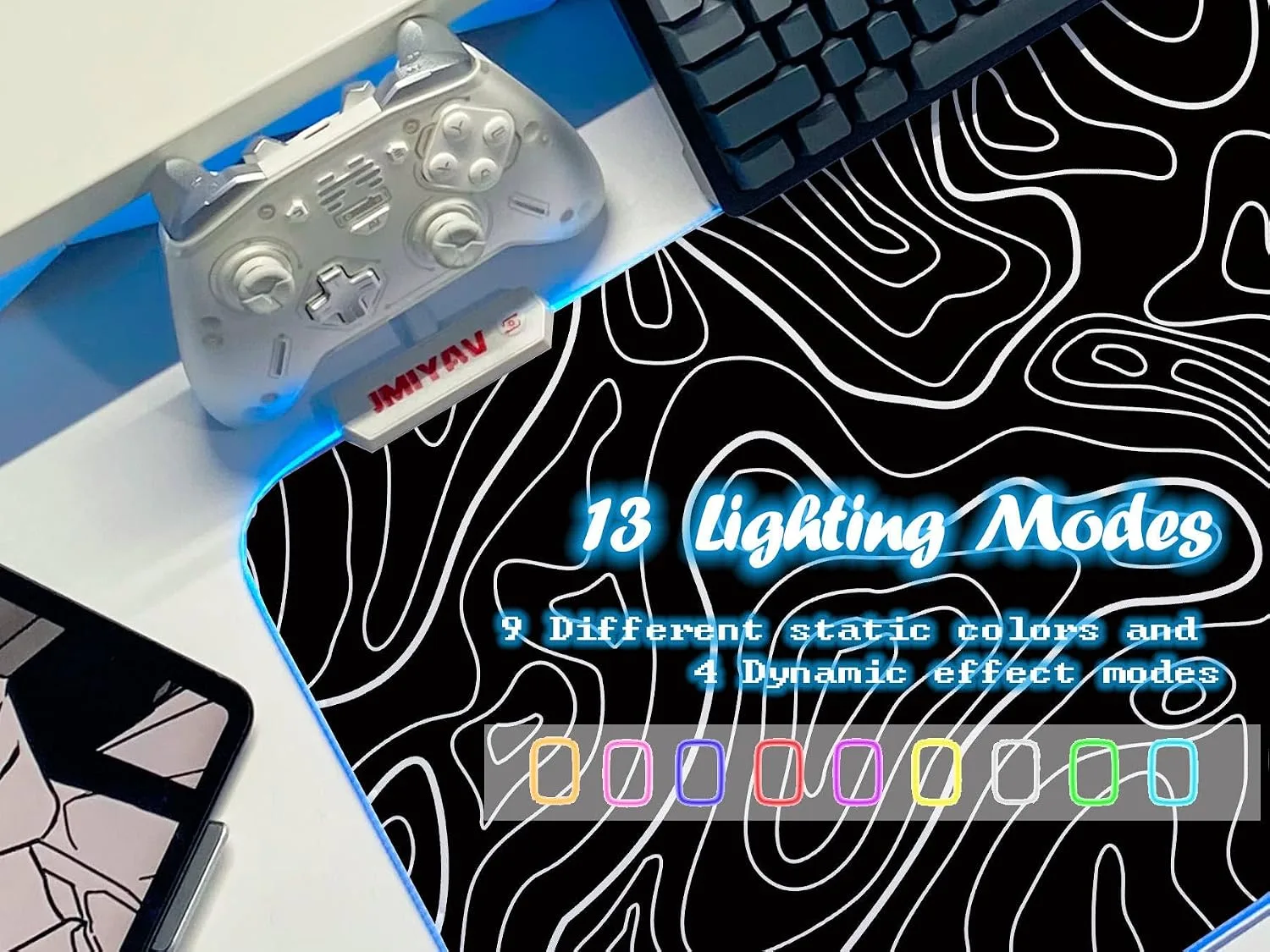JMIYAV White Gaming Mouse Pad RGB Mousepad 31.5x12In Non-Slip Rubber Base Extra Large Cool XL XXL Computer Desk Pad Gaming Accessories Setup LED Light Up Big Mouse Pad for Gamer Topographic Black