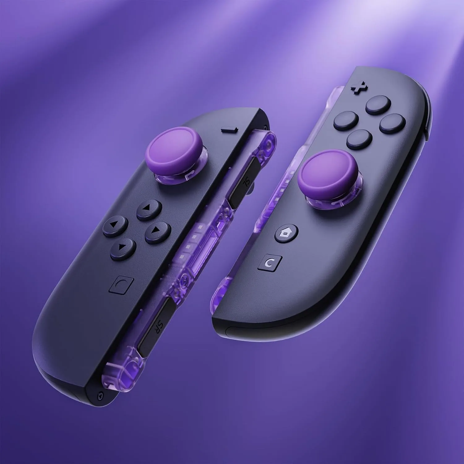 eXtremeRate Replacement 3D Joystick & Thumb Grips & Side Rail Shell Buttons for Nintendo Switch 2 JoyCon, Console Rail Stickers Left Right Analog Thumbsticks Caps for Switch 2 - Clear Atomic Purple