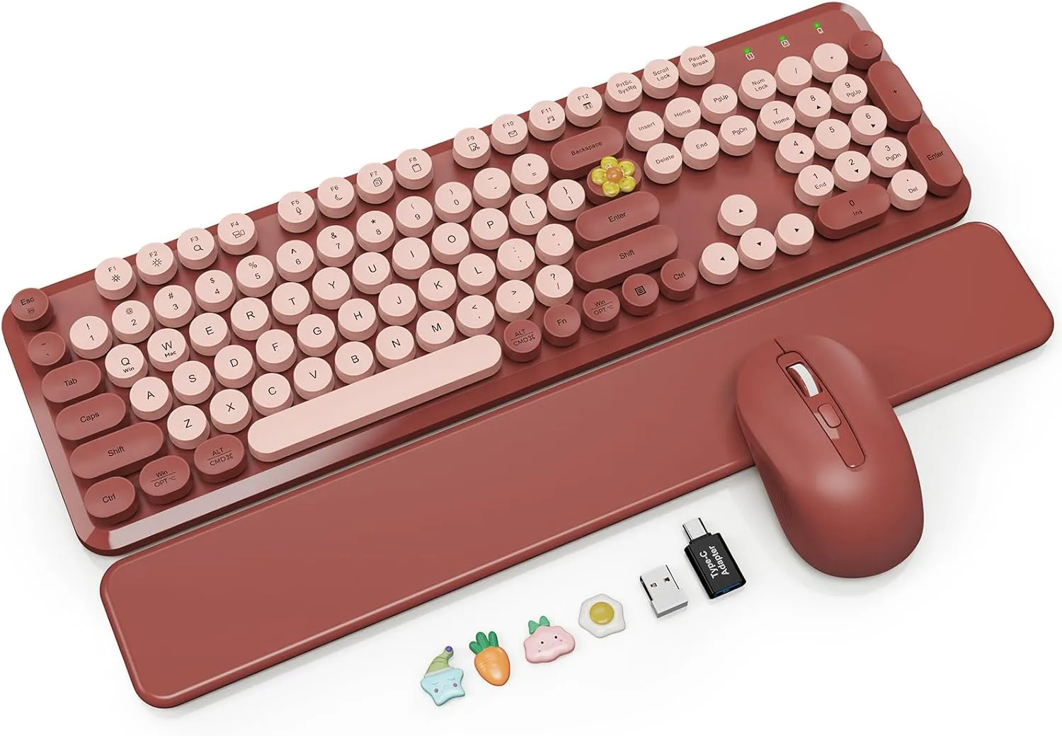 Wireless Keyboard Mouse Combo, Magnetic Wrist Rest, Round Keycaps, Wine Red