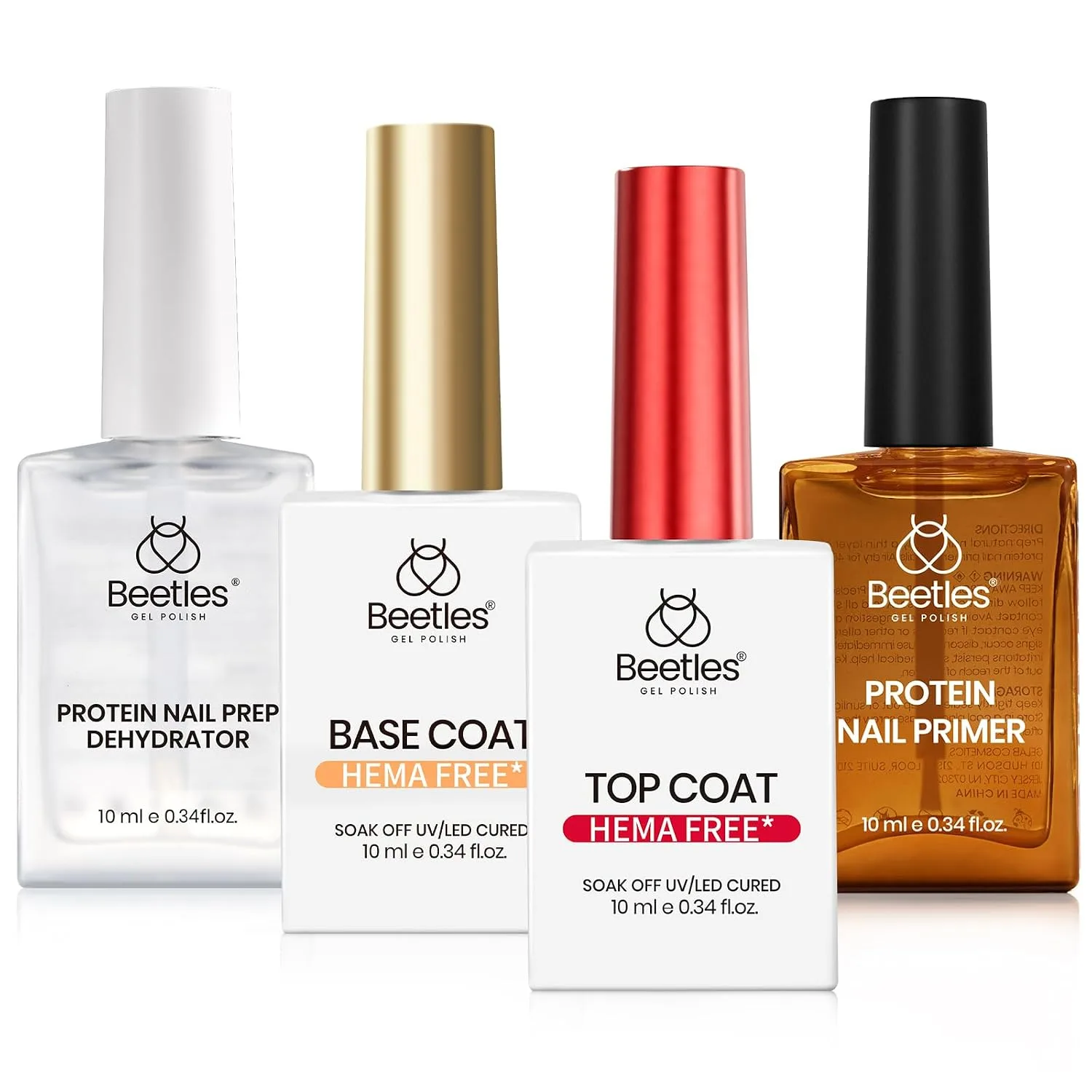 Kit de preparación para uñas Beetles 4 piezas con primer, deshidratador, base y top coat