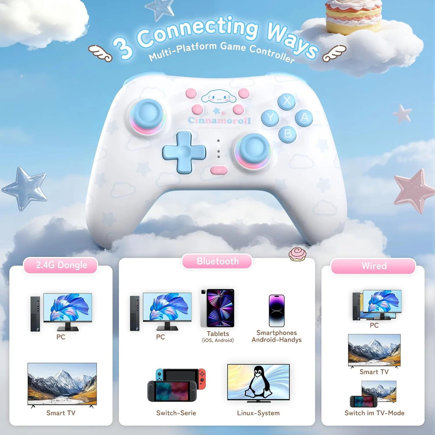 Kuitmor Cinnamoroll Switch Pro Controller, Cute Hall Effect Wireless Gamepad No Drift for Switch 2/Switch/OLED/Lite, PC/Steam, Android, iOS, Bluetooth + Wired, Turbo, Back Buttons, 6-Aixs Gyro, Wake-up, RGB (Blue, Without 2.4g Receiver)