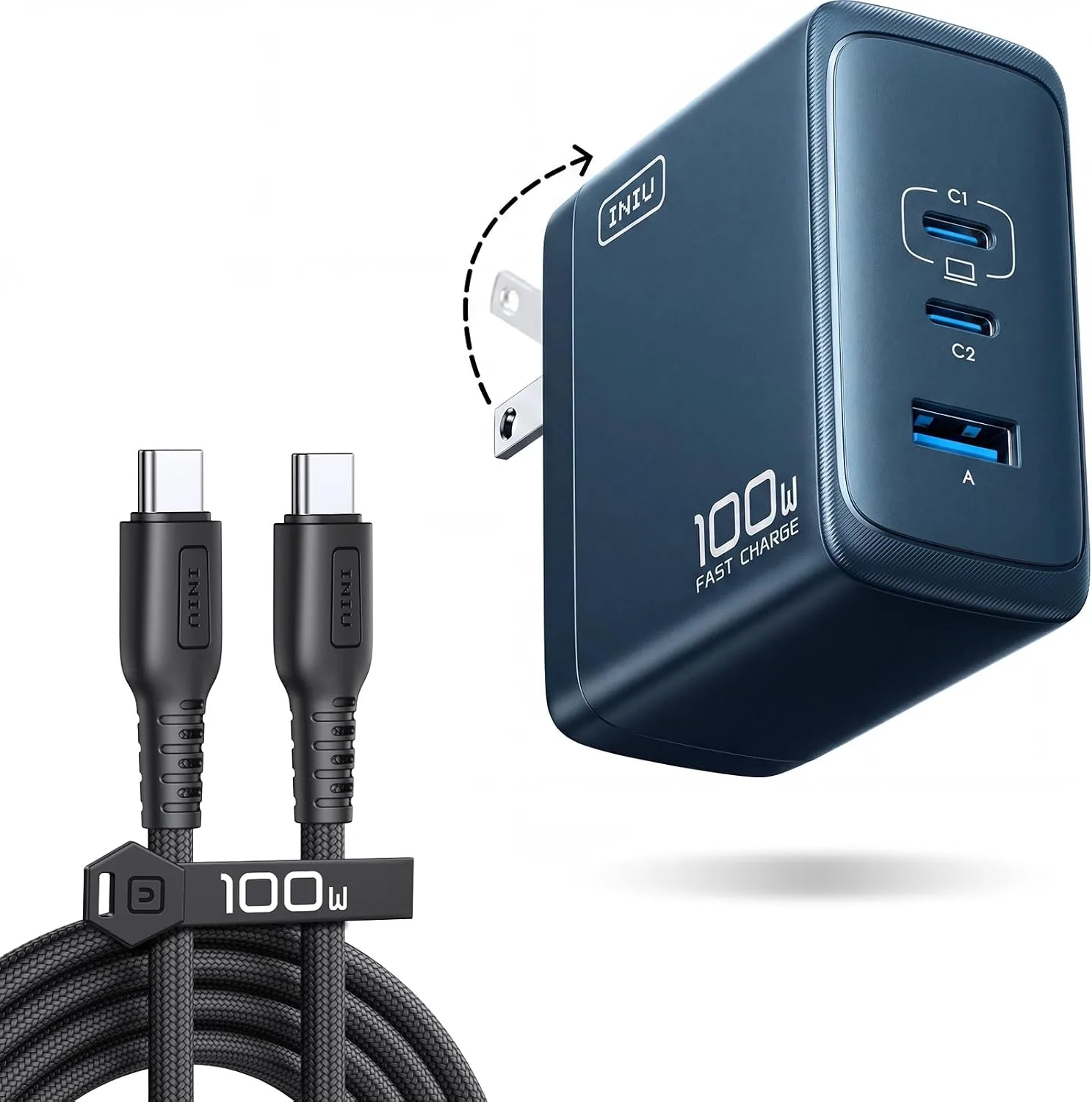 INIU 100W USB C Laptop Charger, GaN Fast Charging Block for with 100W Cable