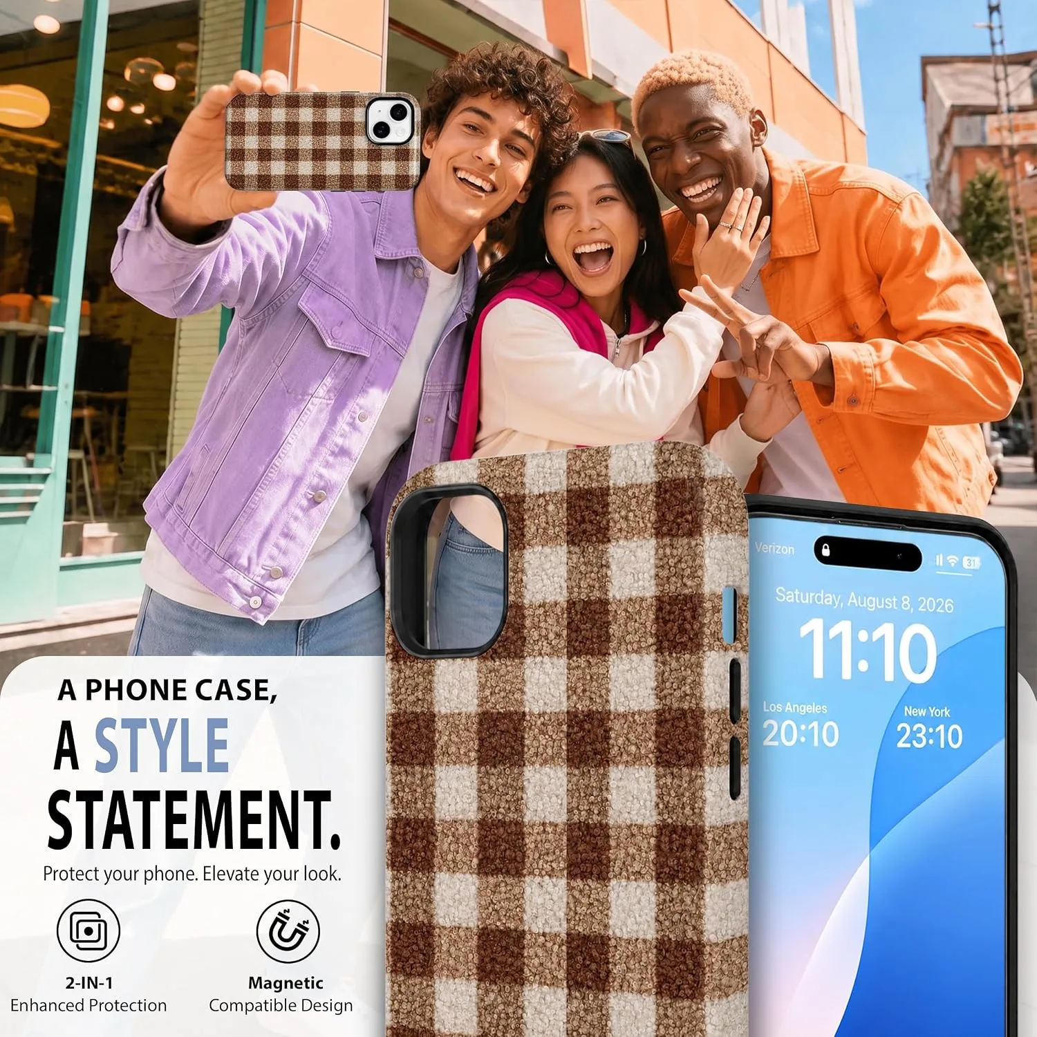 Magnetic for iPhone 15 Plus Chic Fall Brown Gingham Phone Case