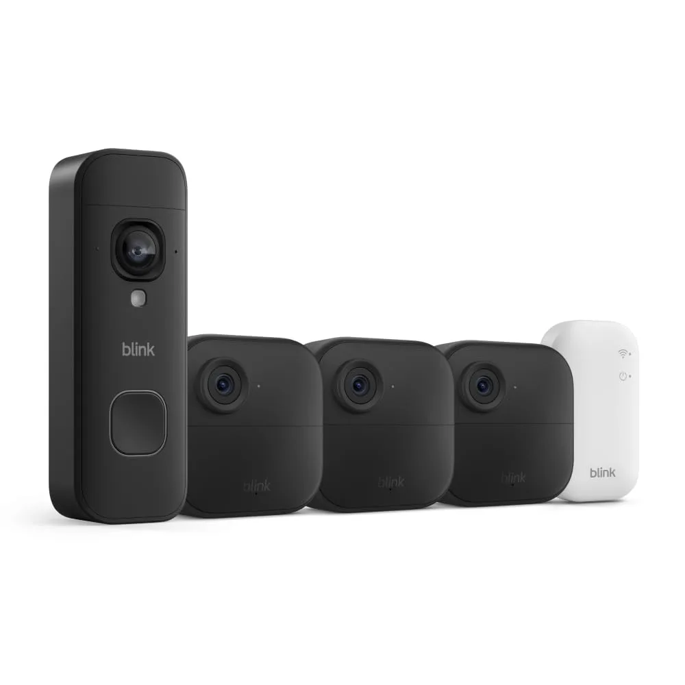 Blink Outdoor 4 and Battery Doorbell 2K+ (newest model) — Two-year battery 1080p cameras and 2K battery doorbell. Sync Module Core included — 3 Cameras + Doorbell (Black)