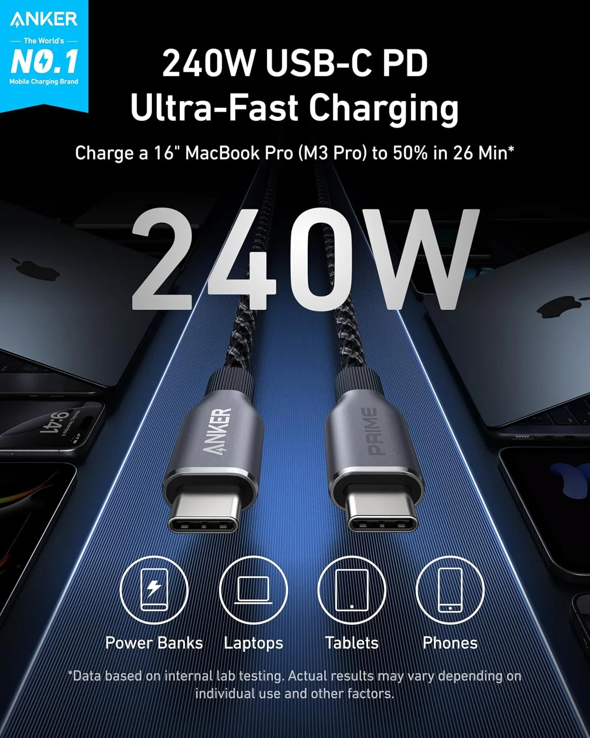 Anker Prime USB C to USB C Cable, 240W Fast Charging Durable Cable (1 ft)