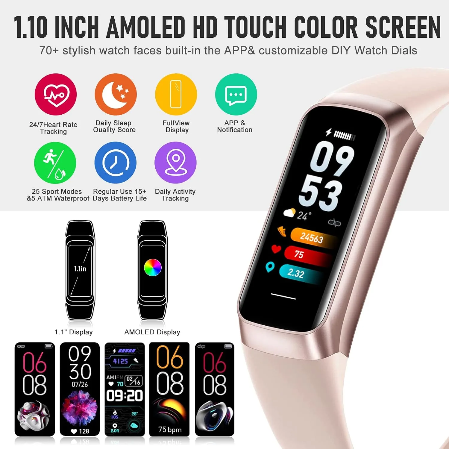 Fitness Tracker with 24/7 Heart Rate, Activity Trackers with Blood Pressure Sleep Monitor, 1.10" AMOLED Screen Step Tracker, Waterproof Step Counter, Health Smart Watch Pedometer for Women Men