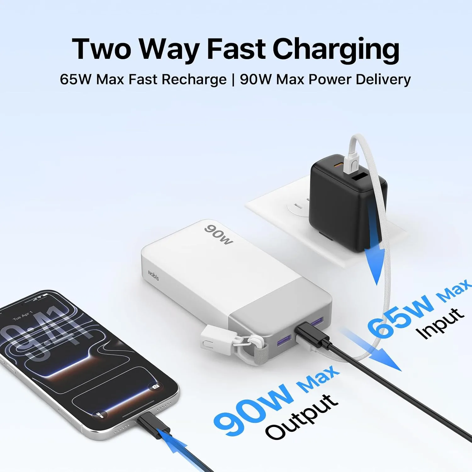NOBIS Portable Charger 20000mAh 90W Power Bank w/Detachable Cable