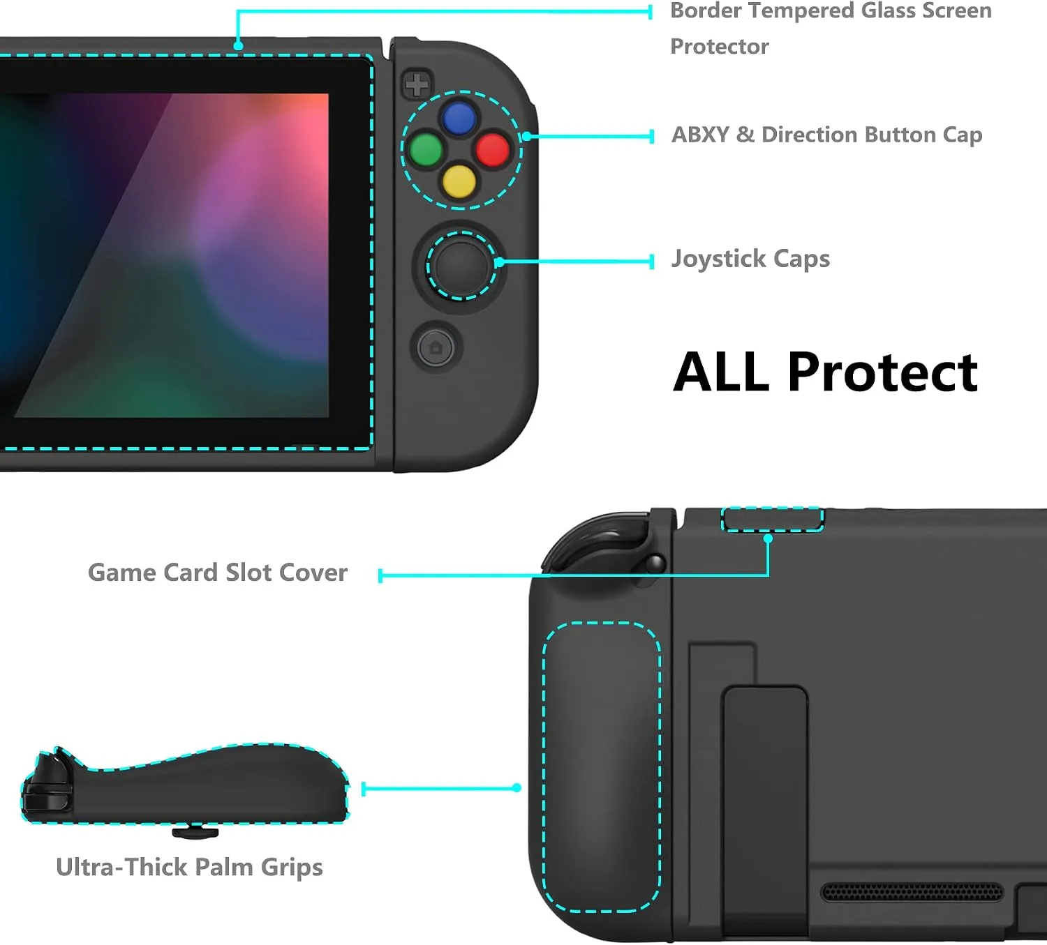 PlayVital ZealProtect Soft Protective Case for Nintendo Switch, Flexible Joycon Cover Slim Cover for Nintendo Switch with Screen Protector & Thumb Grip Caps & ABXY Direction Button Caps - Black