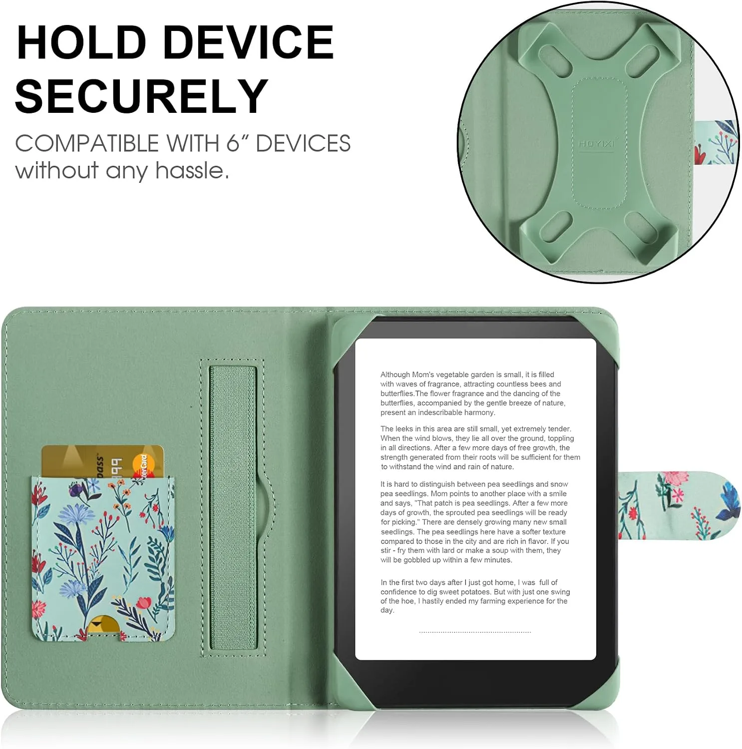 HoYiXi Universal Case for 6-inch Kindle eReader Compatible with Kobo/Voyaga/Pocketbook/Tolino E-Book Reader,6'' eReader Protective Cover with Built-in Card Slot,Flower