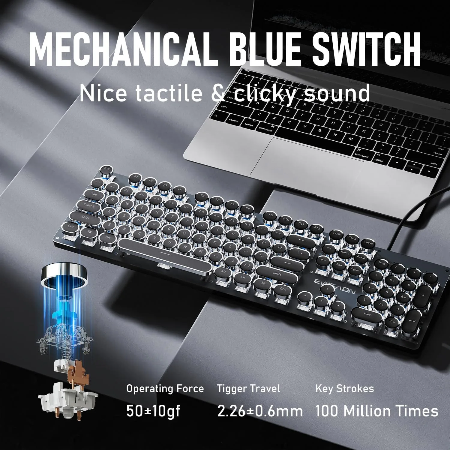 Wired Typewriter Style Mechanical Gaming Keyboard with White Backlit-Black