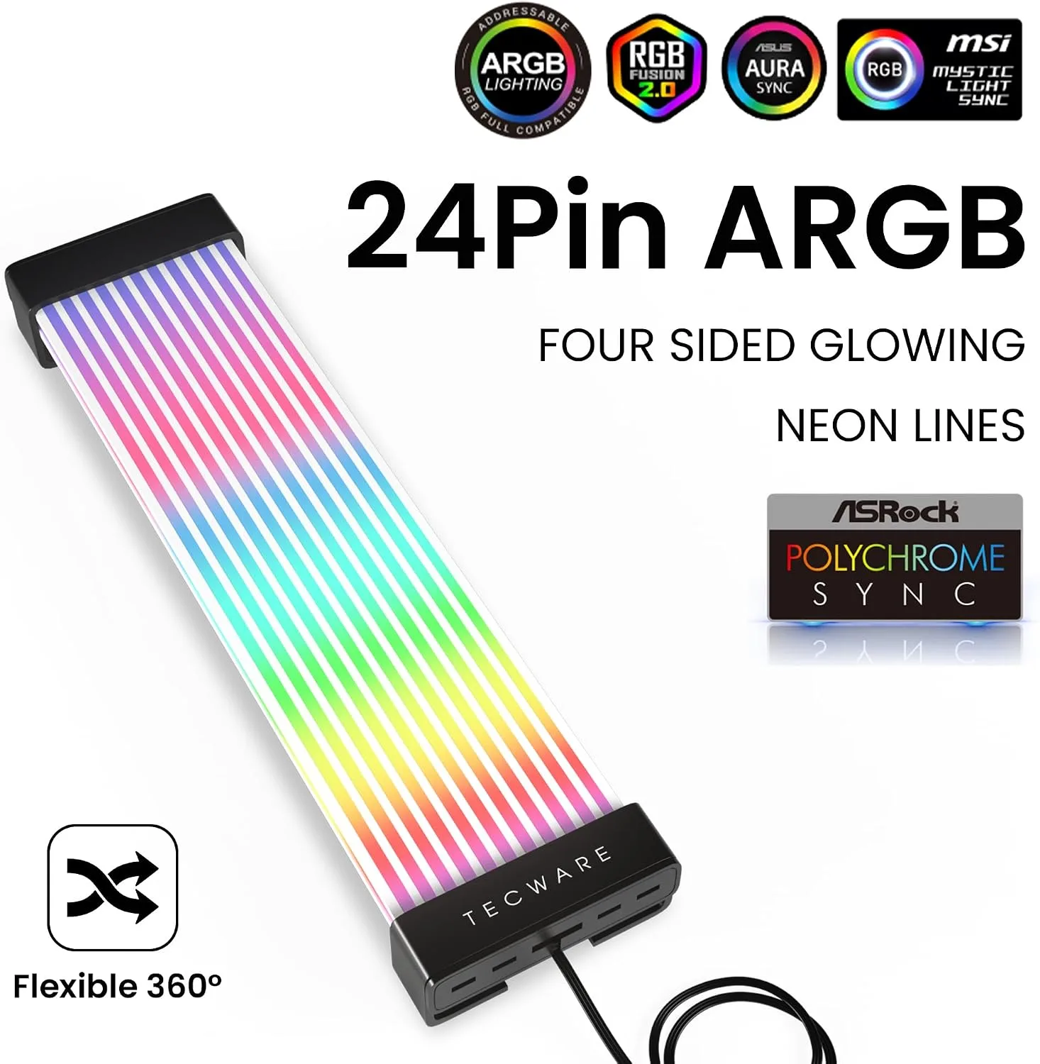 TECWARE Flex RGB Cable Cover Kit | Compatible with 24-Pin Motherboard and 8-Pin/16-Pin GPU | ARGB PSU Cable Extension with 5V 3-Pin Sync | RGB Lighting Kit for PC Cables | Black