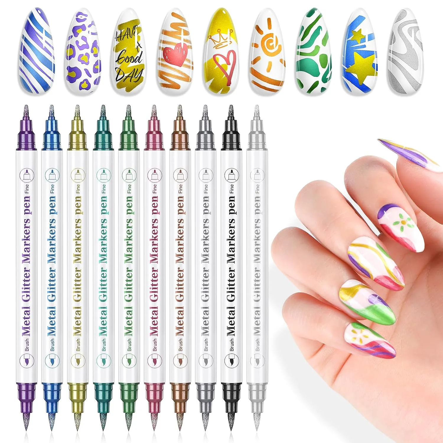 SAVILAND 10 Colors Nail Art Pens Set, 0.5mm Dual Tip Nail Polish Pens