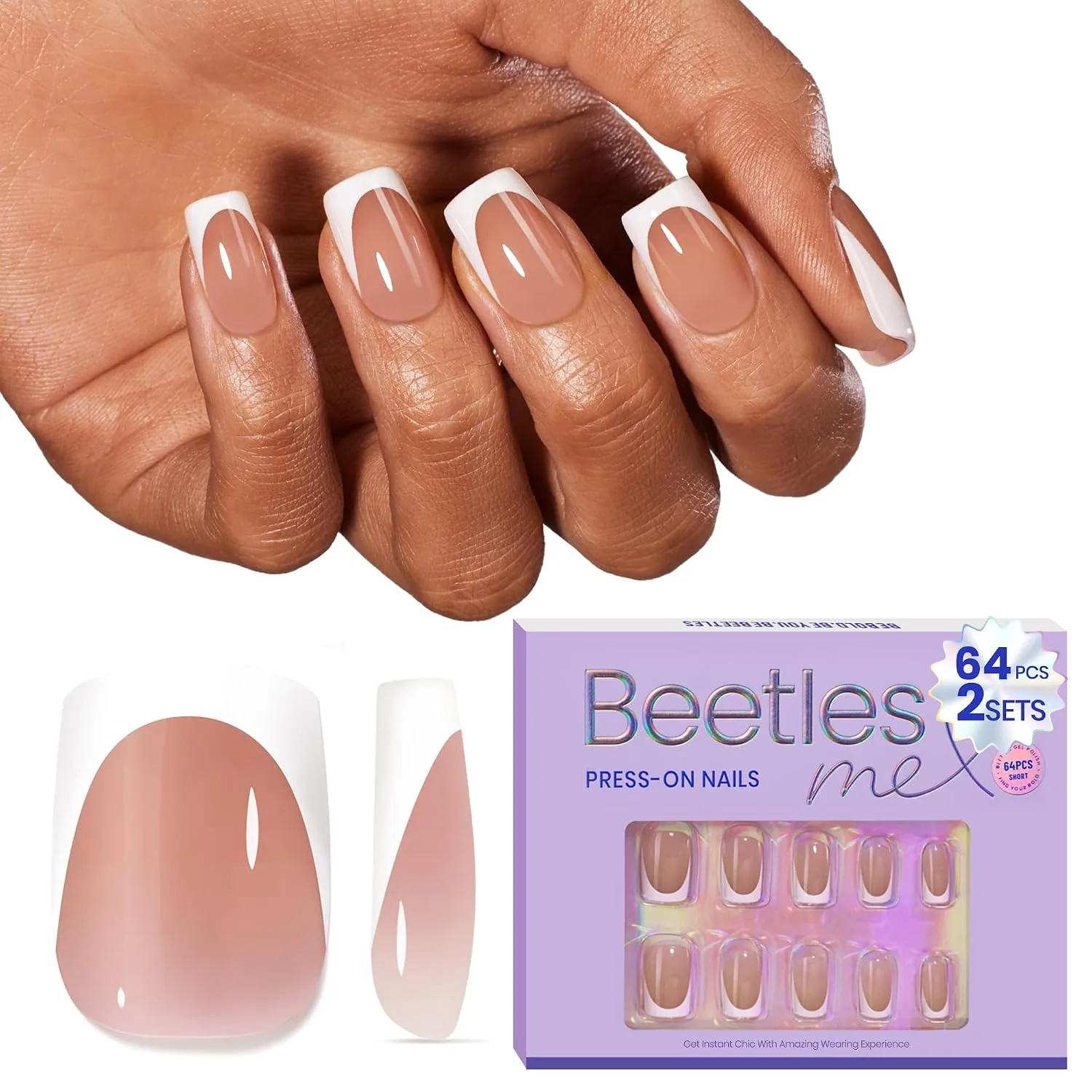 Beetles Short Square French Tip Press On Nails, Brown 64 Pcs