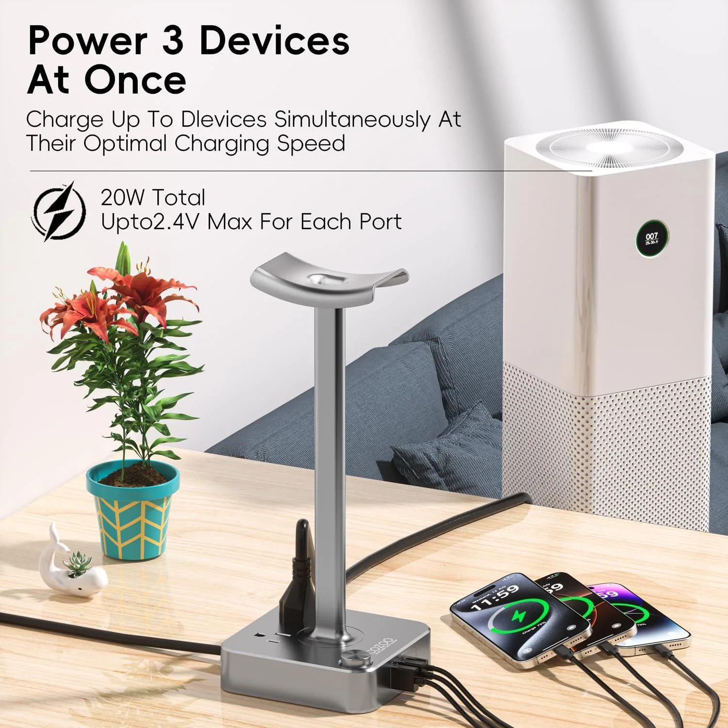 cozoo Headphone Stand with Charger, USB C, Gifts for Gamers Men, Gray