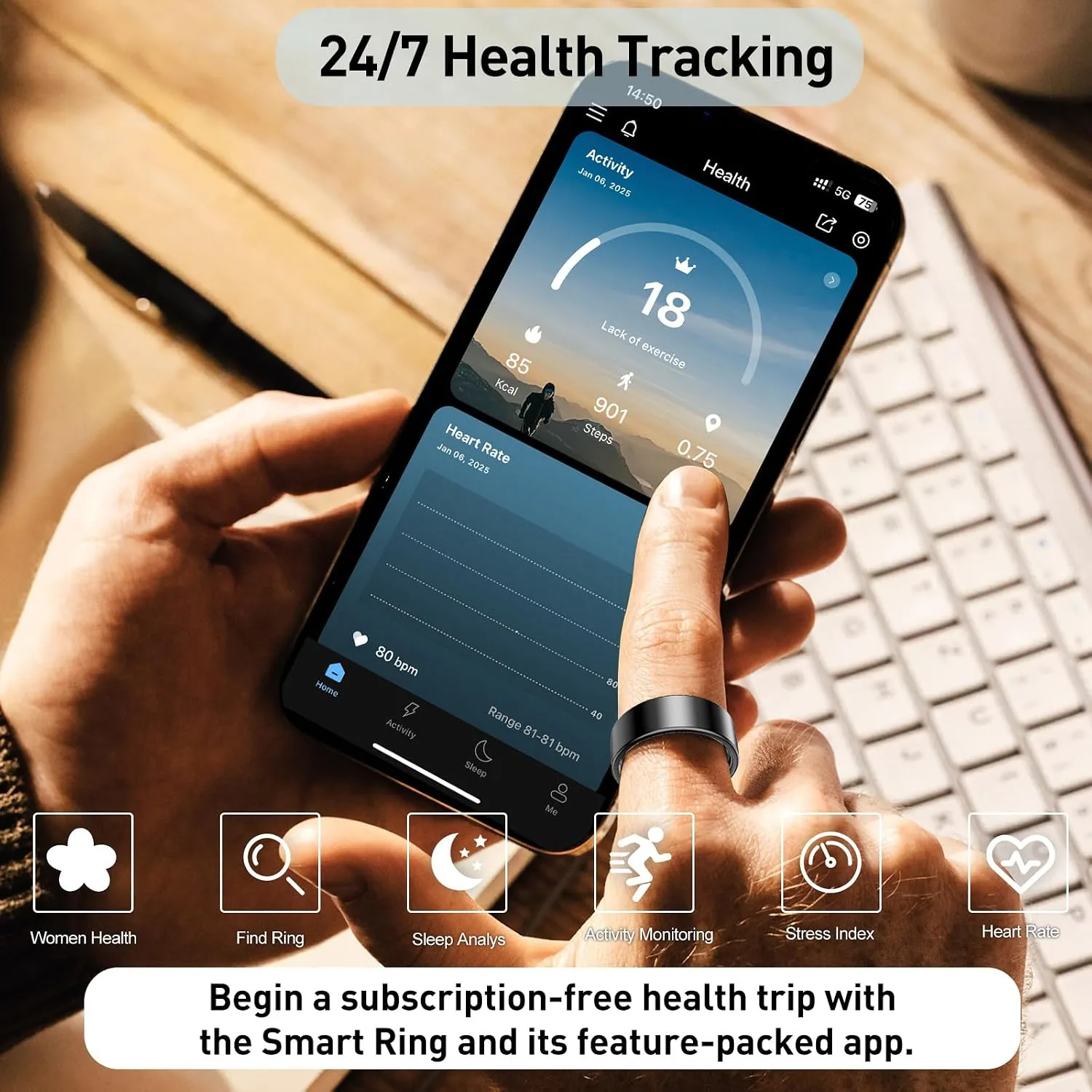 Smart Ring, Health Fitness Tracker with Heart Rate Blood Oxygen Monitor, Sleep & All-Day Sports Tracking, Long Battery Life Waterproof Wearable Ring for Men Women (R02C, Silver, 7)
