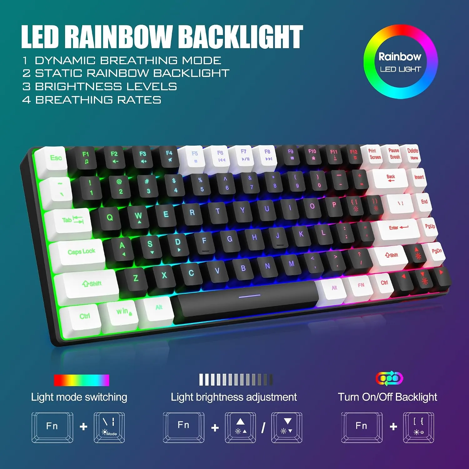 RedThunder K84 Wireless Keyboard and Mouse Combo, Rainbow Backlit Rechargeable Battery, 75% Layout TKL Ultra Compact Gaming Keyboard & Lightweight 3200 DPI Honeycomb Optical Mouse (Black-White)