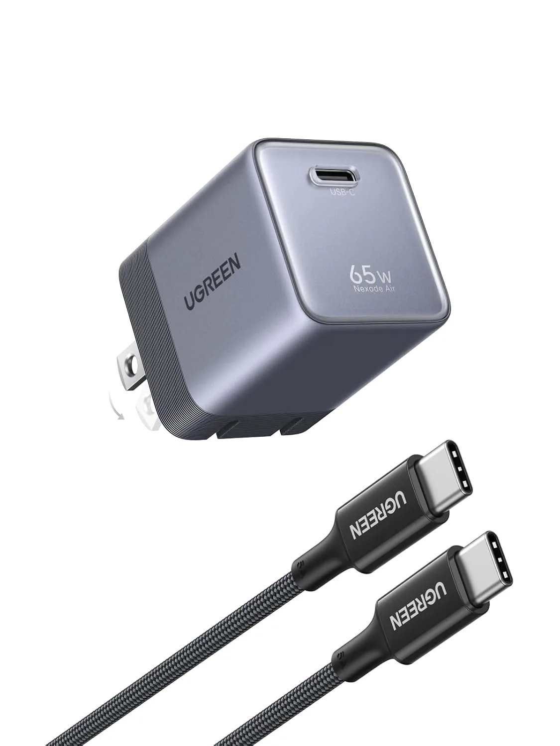UGREEN Nexode Air 65W USB C GaN Charger Block with 3.3ft Cable, Gray