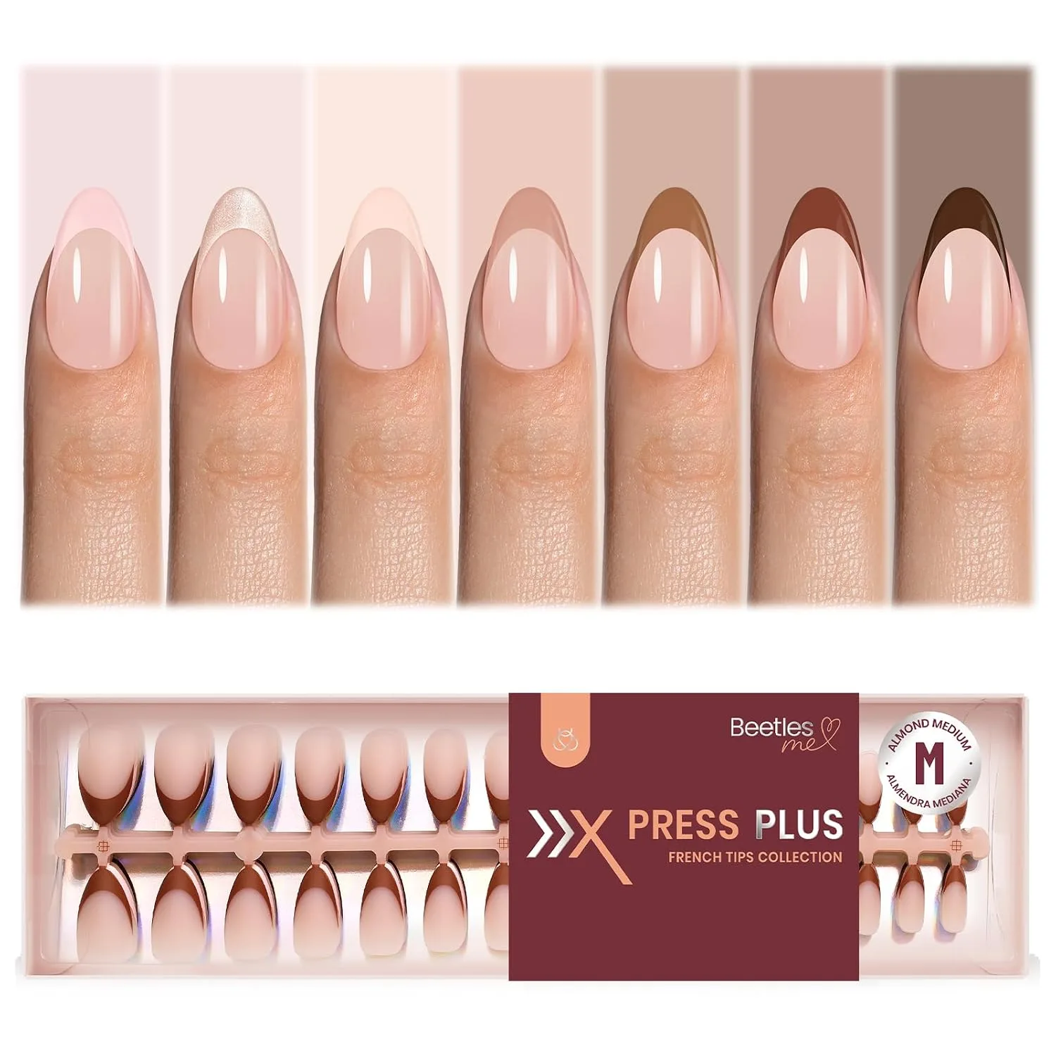 Beetles French Tip Press On Nails - Medium Almond 7 Colors, Brown 224 Pcs