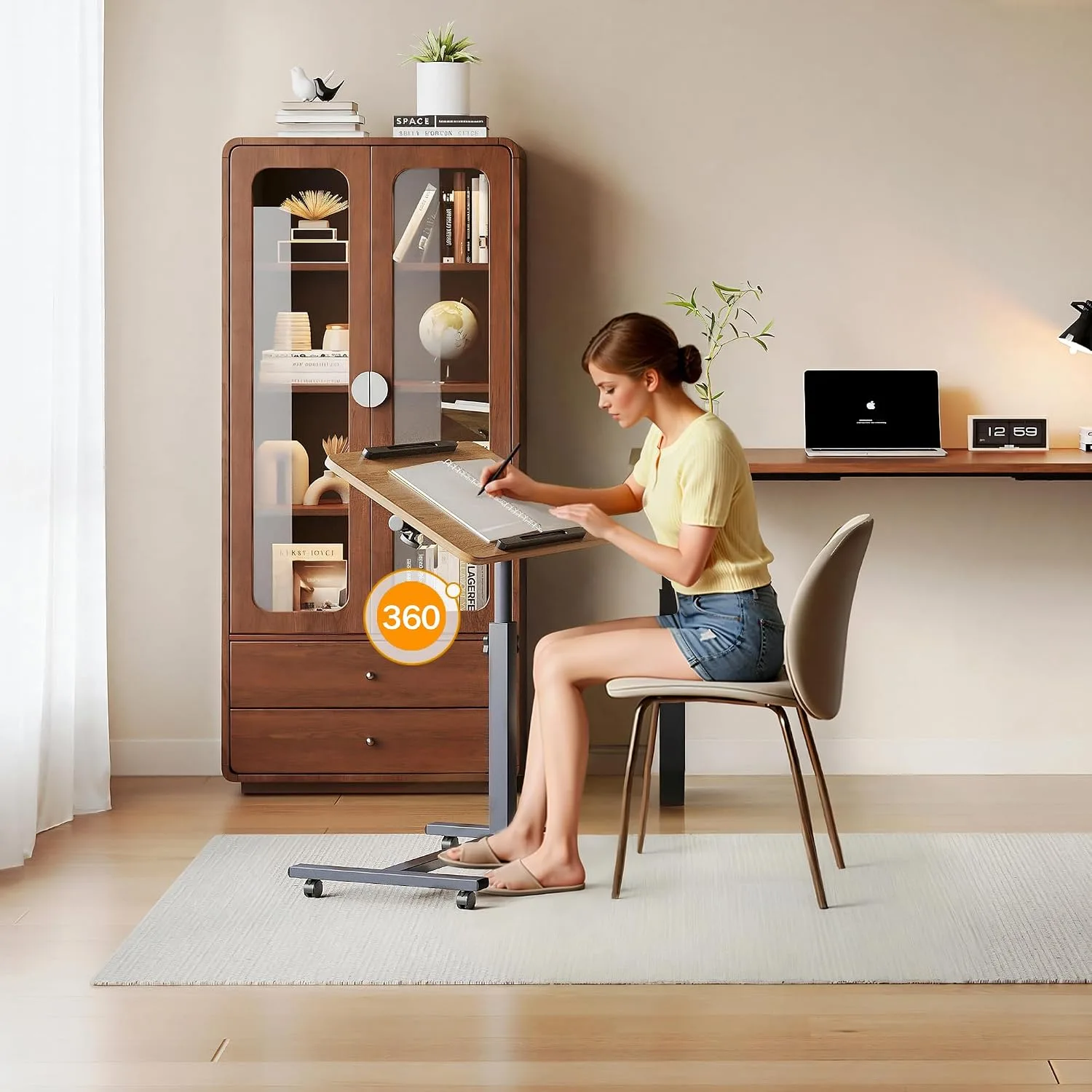 LINGMI Laptop Table Mobile Adjustable Height Portable Desk Notebook Swivel PC Computer Rolling Desk with Wheels, Laptop Stand for Couch Bedside Hospital Bed Table