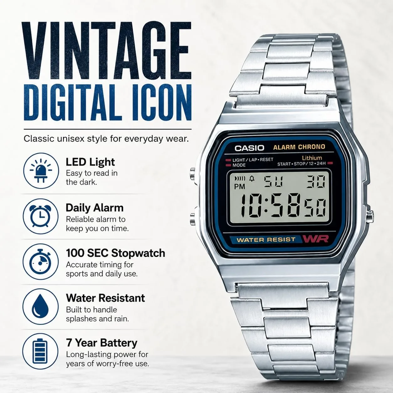 Casio A158WA Series | Unisex Digital Watch | Vintage | WR | 100 SEC Stop Watch | Daily Alarm | Regular Time Keeping: Hour, Minute, Second, PM, Date, Day | Led Light | 7 Yr Battery