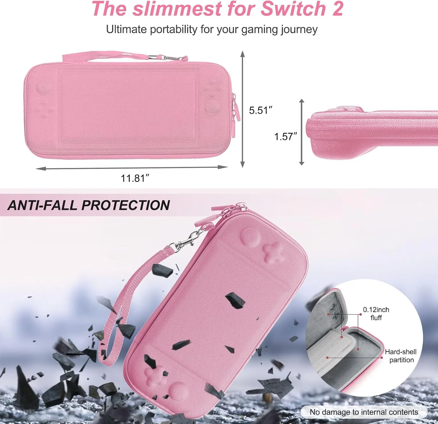 Strawberry Travel Carrying Case for Switch 2 2025 with Pink Silicone j-con Covers, Kawaii Thumb Grip Caps, Screen Protector, Embroidery stickers for Girls Women, Strawberry