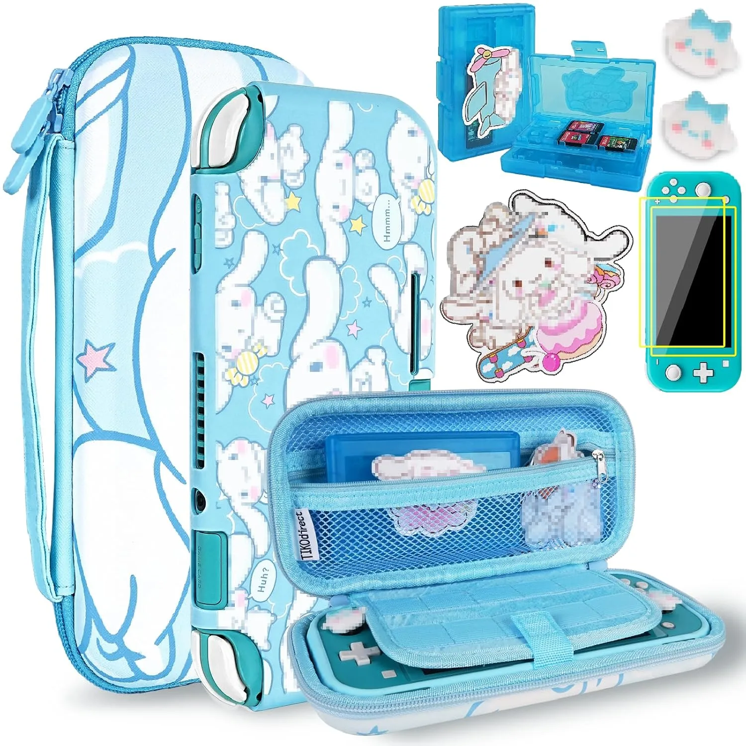 TIKOdirect Carrying Case for Switch Lite, Pretty Shockproof Portable Travel Bag with Soft Protective Cover, Screen Protectors, Cute Thumb Grips Caps and Game Card Case, Blue