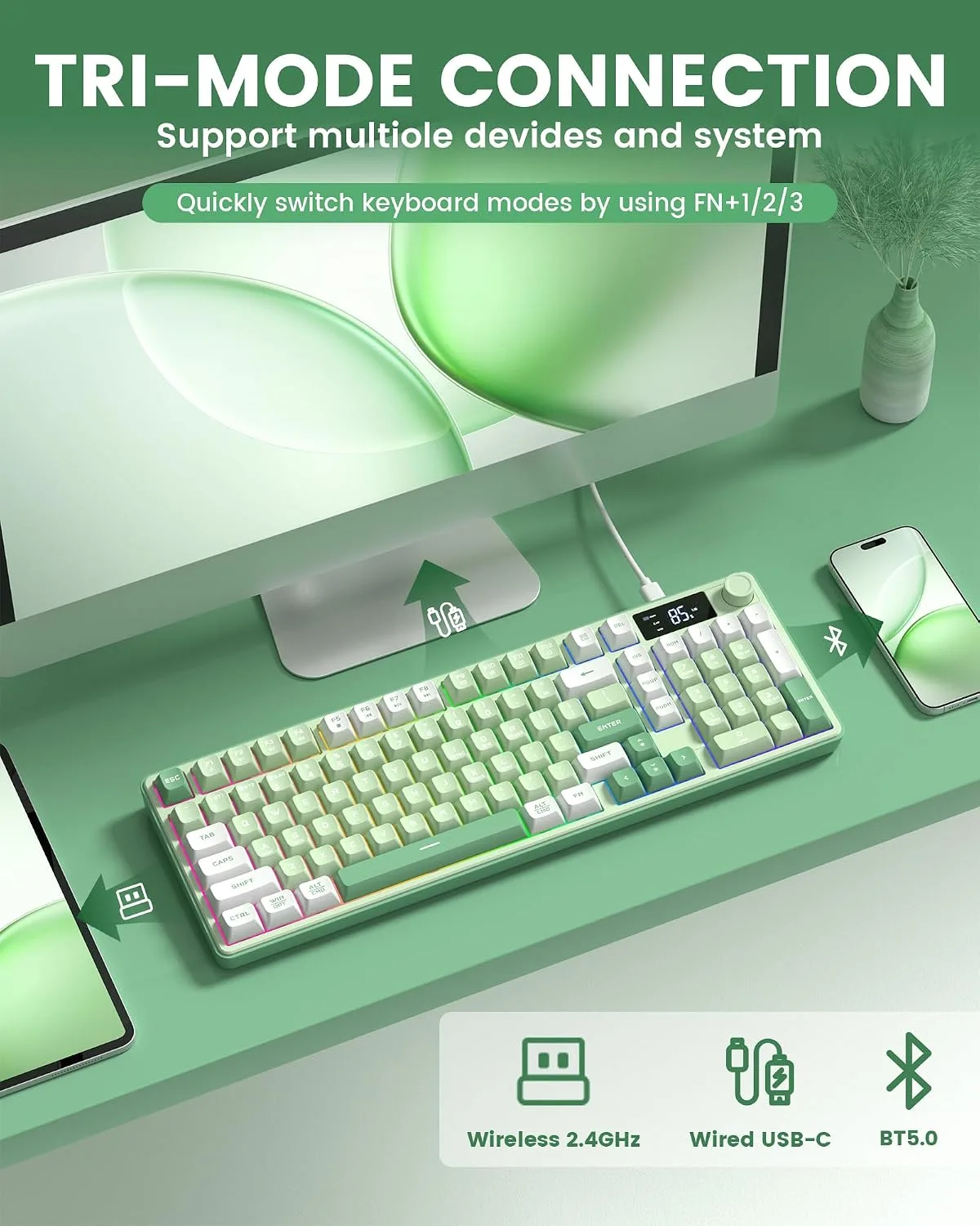 Keymatic Gaming Keyboard Wireless Creamy Keyboard with Media Knob & Screen Cute Keyboard Mechanical Feeling Membrane Keyboard with Number Pad RGB Backlit Tri-Mode BT/2.4GHz/USB-C - Green