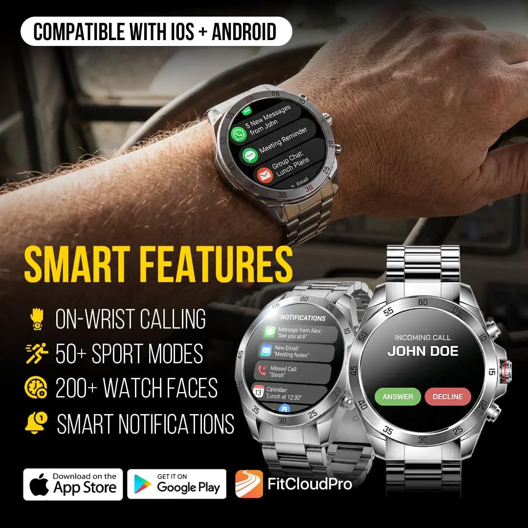 ALPHAGEAR Commander Smartwatch for Men, 1.43" AMOLED Large Screen, Full Metal Stainless Steel Smart Watch, 12-Day Battery, Bluetooth Calling, IP68 Water Resistant, for Android iPhone, Silver