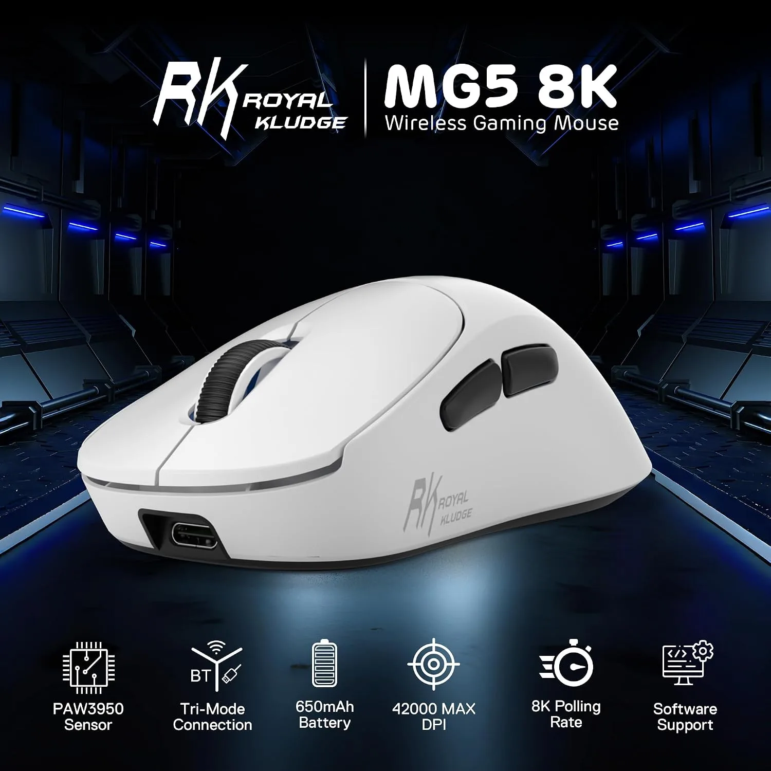 RK ROYAL KLUDGE MG5 8K Wireless Gaming Mouse 42000 DPI PAW3950 Sensor