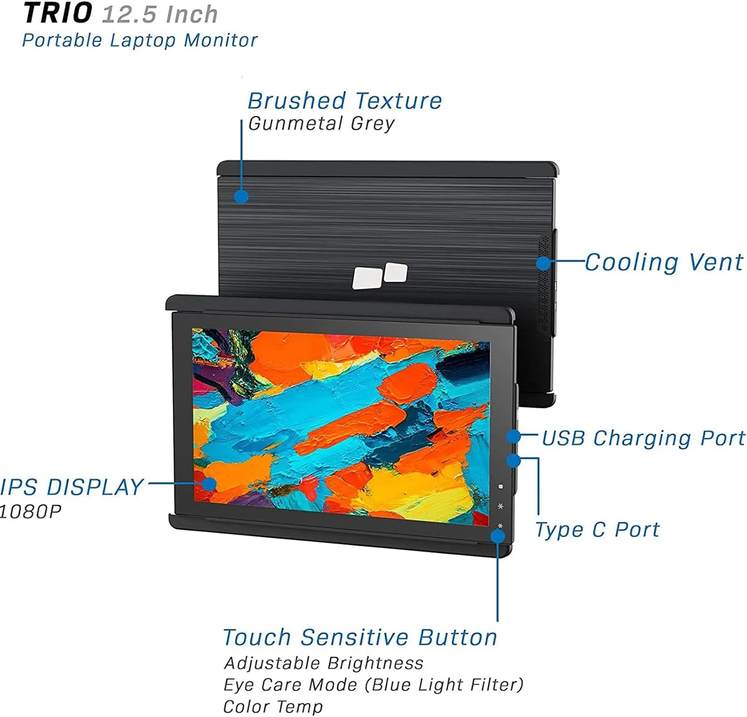 Trio Portable 12.5" Full HD IPS Display for Laptops, Dual-Side Sliding, USB A/Type-C Plug and Play (1 x 12.5 Monitor)