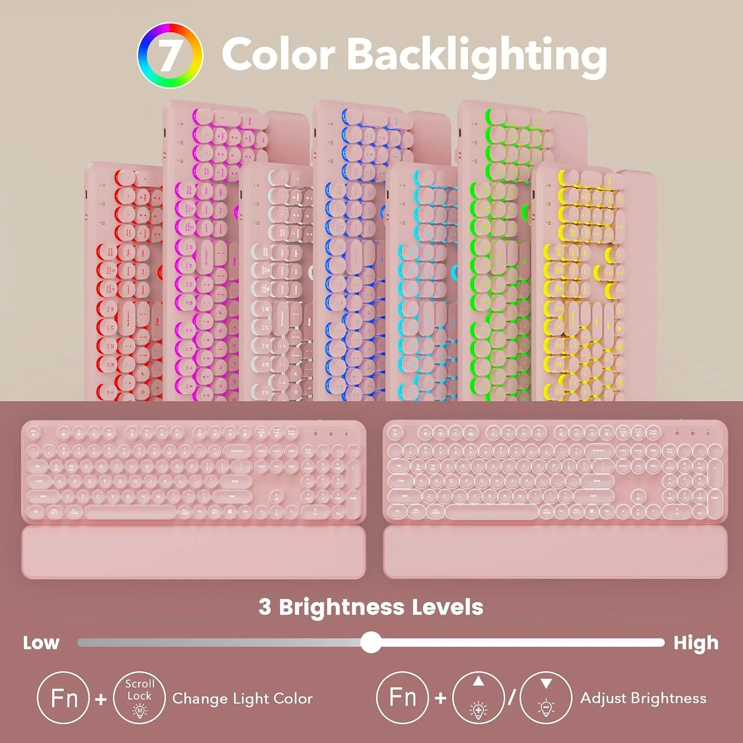 Rechargeable Backlit Wireless Keyboard and Mouse Combo, Retro Typewriter Keyboard with Magnetic Wrist Rest, Light Up Letters, 2.4GHz Cordless Connection for Mac, Windows PC, Laptop (Glowing Pink)