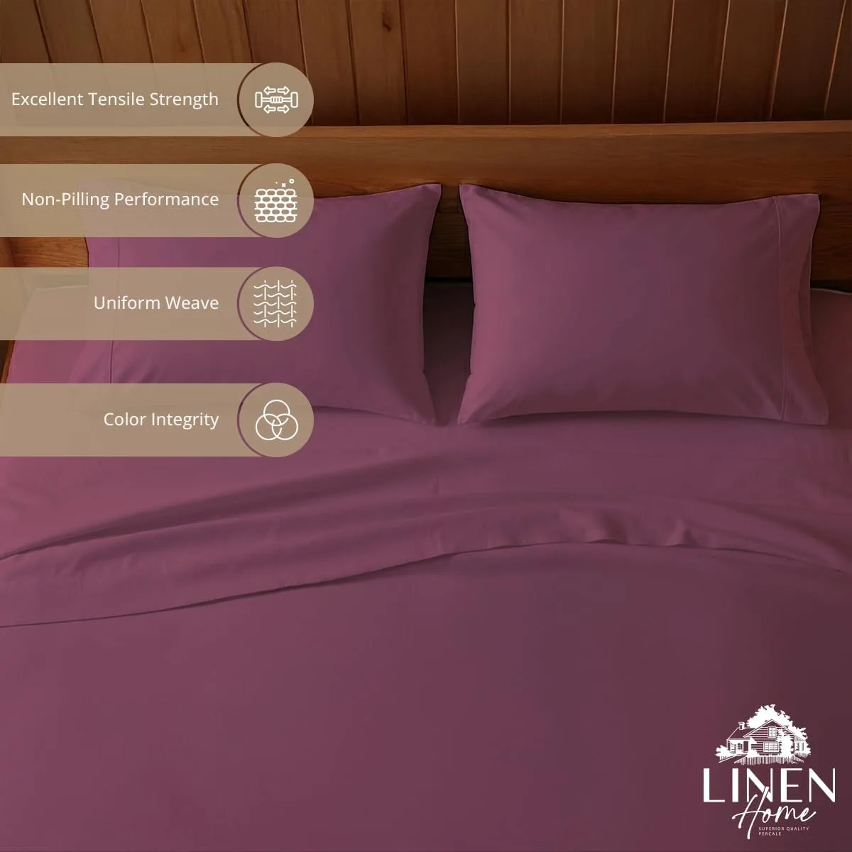 Linen Home 100% Cotton Percale King Sheets, 4Pc Cooling Set - Damson Berry