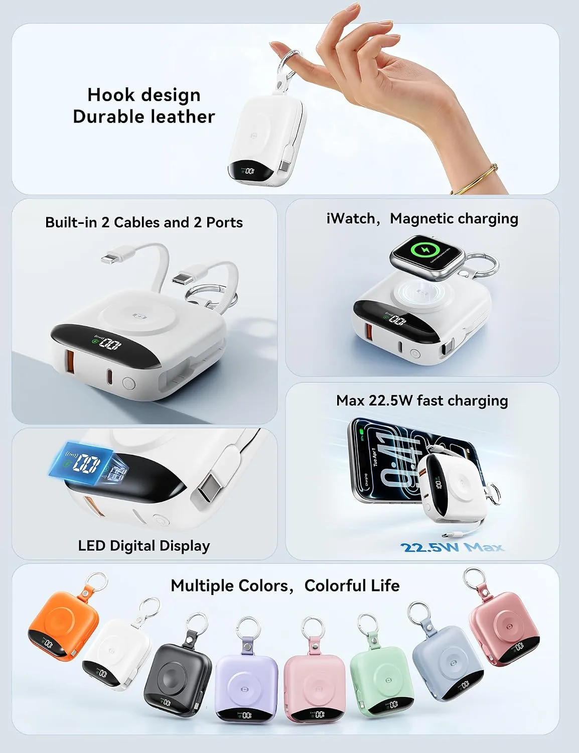 Portable Charger 10000mAh 22.5W Power Bank Built-in 2 Cables Keychain