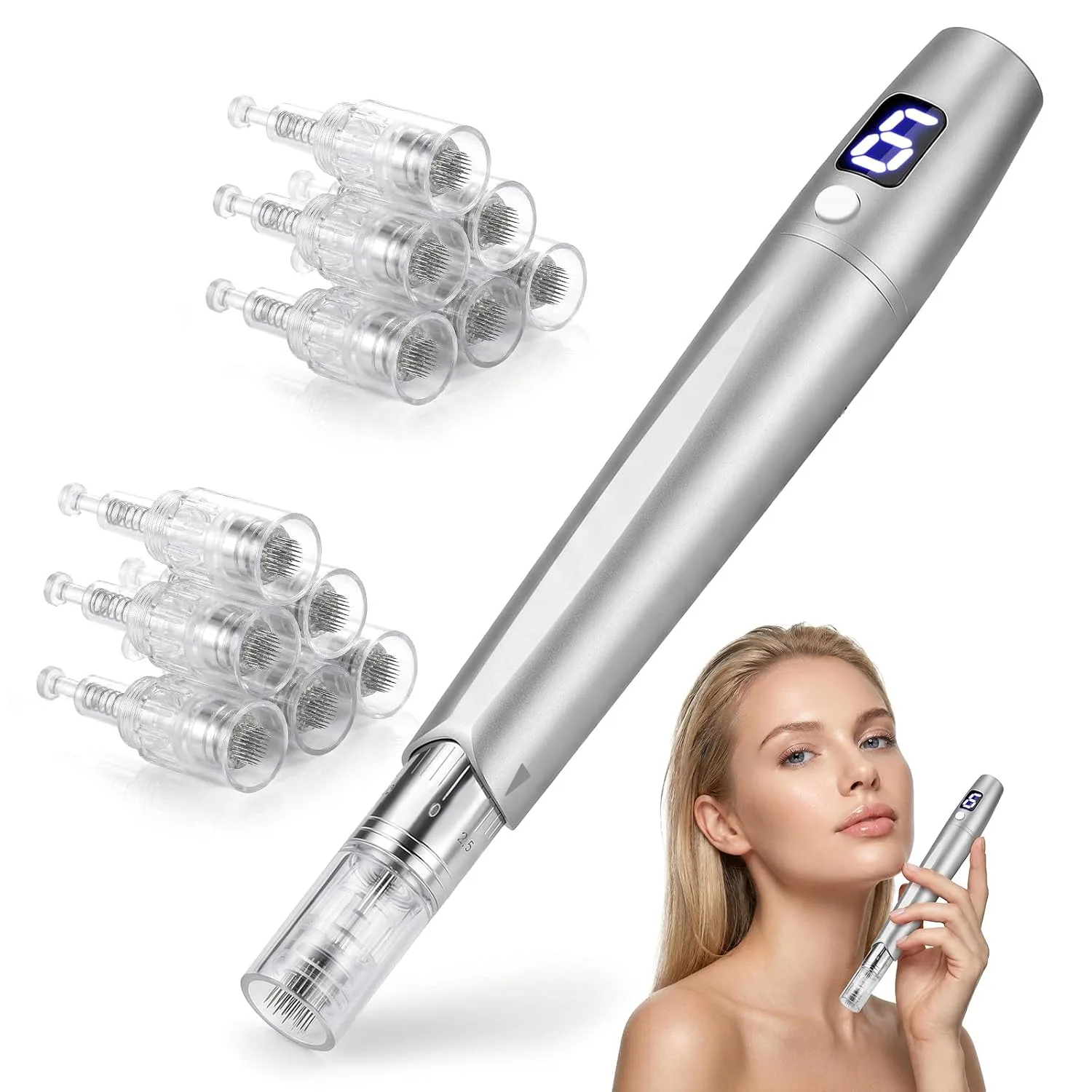 Microneedling Pen Derma Roller Pen for Face & Scalp,0.25mm Micro Needling Tool with 12 Pcs Cartridges, Home Use Derma Pen Microneedle Skin Care Kit for Women Men（Silver）