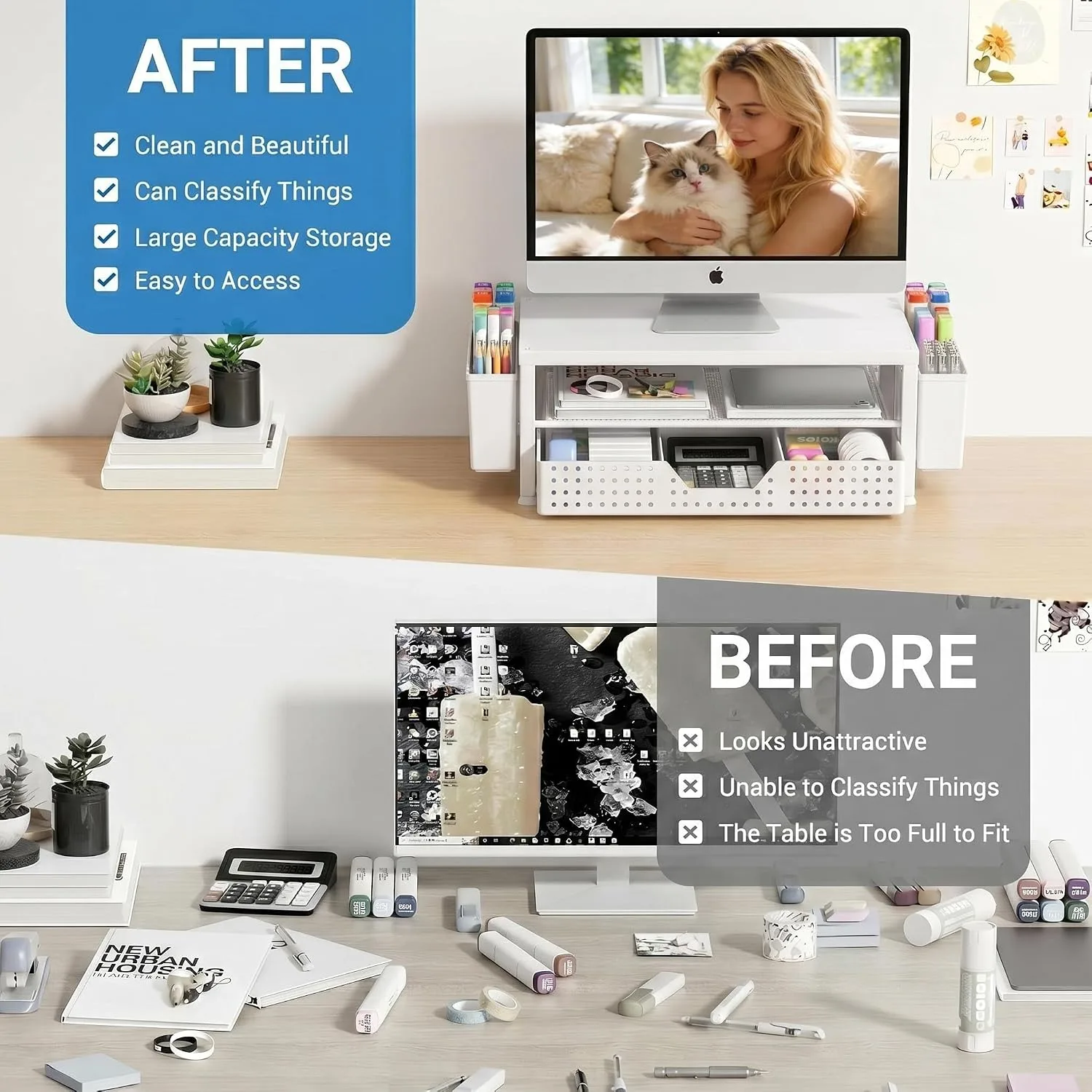OPNICE Desk Organizer, Monitor Stand Riser with Drawer and 2 Pen Holders