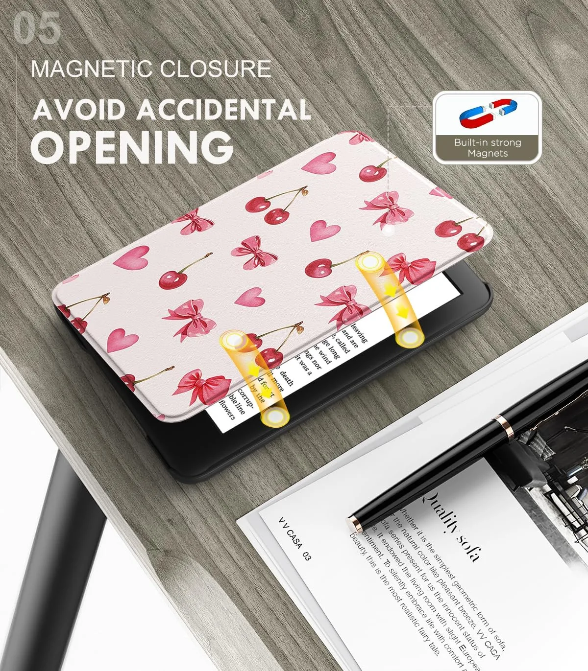 MoKo Case for 6" Amazon Kindle Basic 11th Gen 2024/2022, Cherry Bow