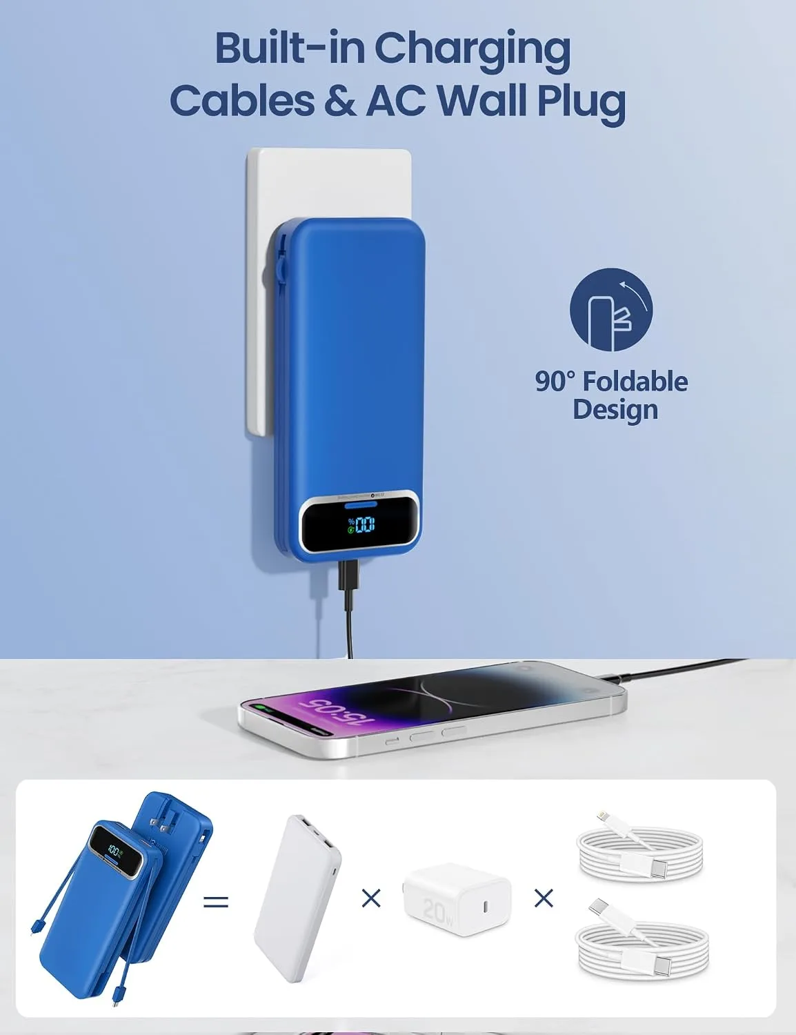 aonidi Portable Charger 12000mAh with Built-in Cables&AC Wall Plug, Navy
