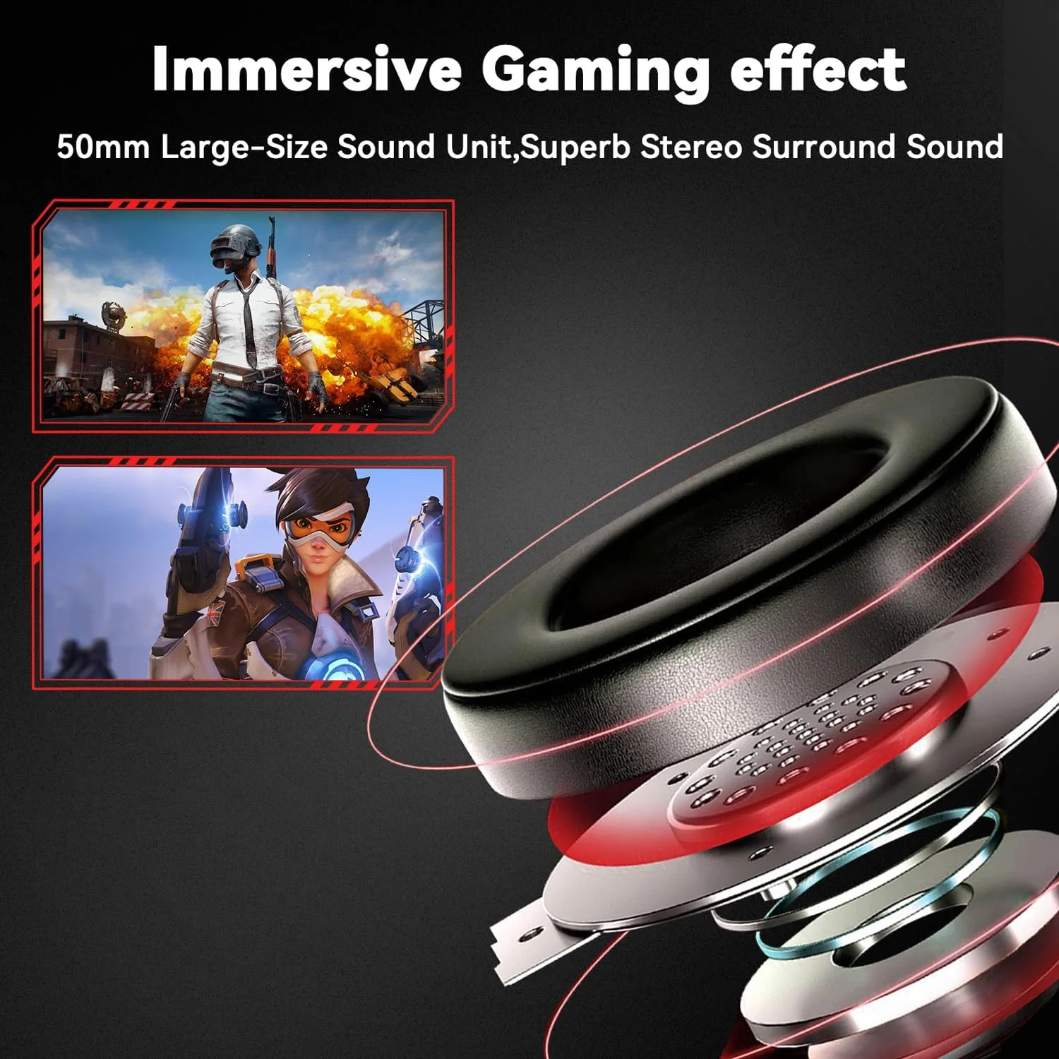Jimonyer Gaming Headset with Microphone, 7.1 Surround Sound and Noise Canceling Over Ear Headphones for PC, PS4, PS5,Xbox Series,Switch, RGB Light and Soft Imitation Protein Earmuffs (Red)