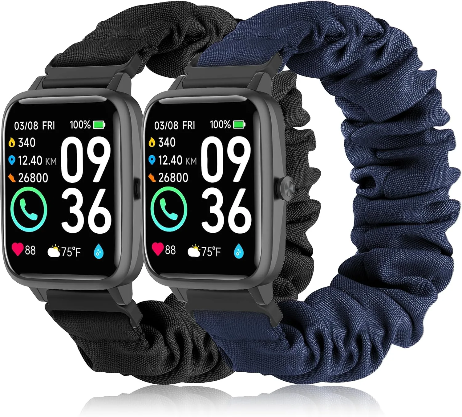 Sunnyson 22mm Bands for Veryfit IDW13/IDW16/IDW19/IDW26/IDW28 Smartwatch，2 Pack Elastic Fabric Scrunchie Straps for Fitvii H57/H56/Fitpolo/Toobur id208 Plus Women