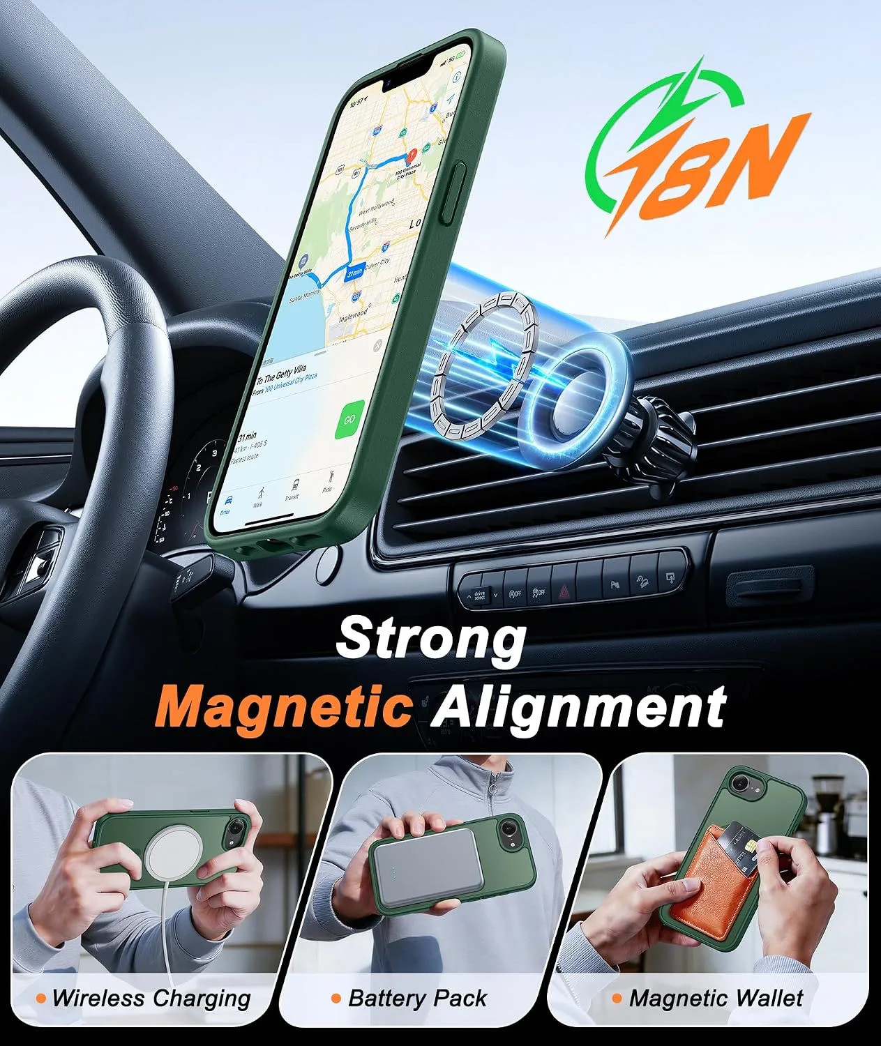 FNTCASE for iPhone 17e / 16e Case Fit for MagSafe Green