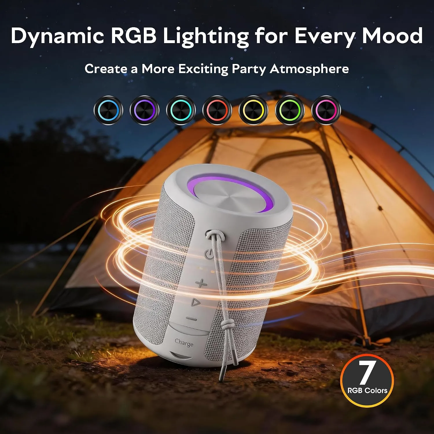Portable Bluetooth Speaker, IPX7 Waterproof Wireless Speaker with 20W Loud Stereo Sound, 15H Playtime & Beat-Synced RGB Light, Small Outdoor Speaker for Shower, Pool, Beach,Hiking,Gifts(Gray)