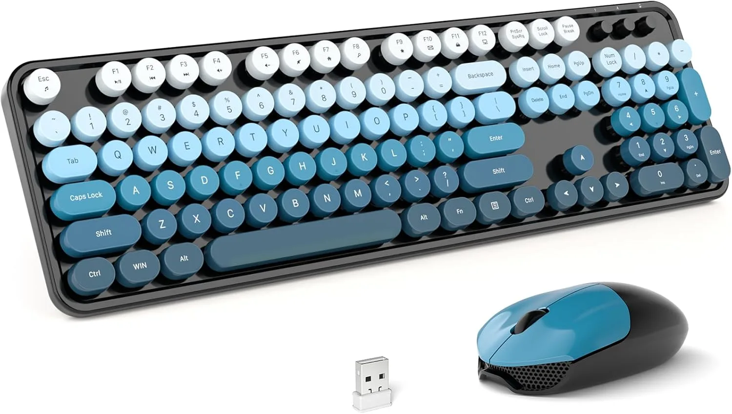 MOFII Wireless Keyboard and Mouse Combo, Full Size 2.4G Plug and Play Typewriter Retro Round Computer Keyboard and Mouse Set for Windows, Computer, Desktop, PC, Notebook - (Black Blue Gradient)