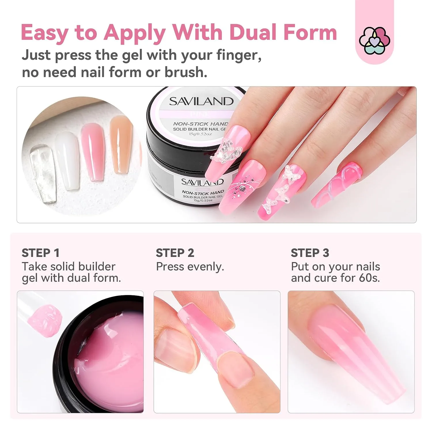 SAVILAND Non Sticky Solid Builder Nail Gel Kit Clear Nude White Pink